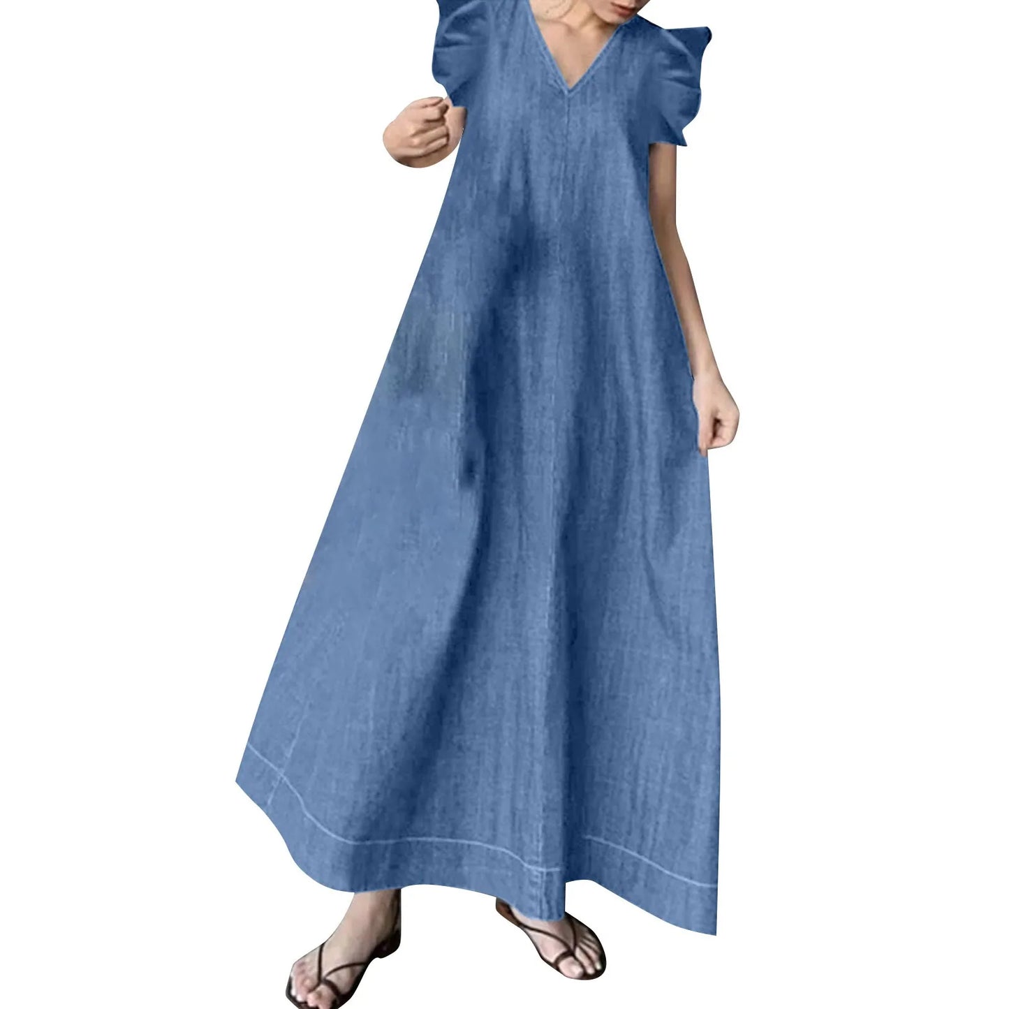 Women Loose Denim Dresses Ruffles Short Sleeve