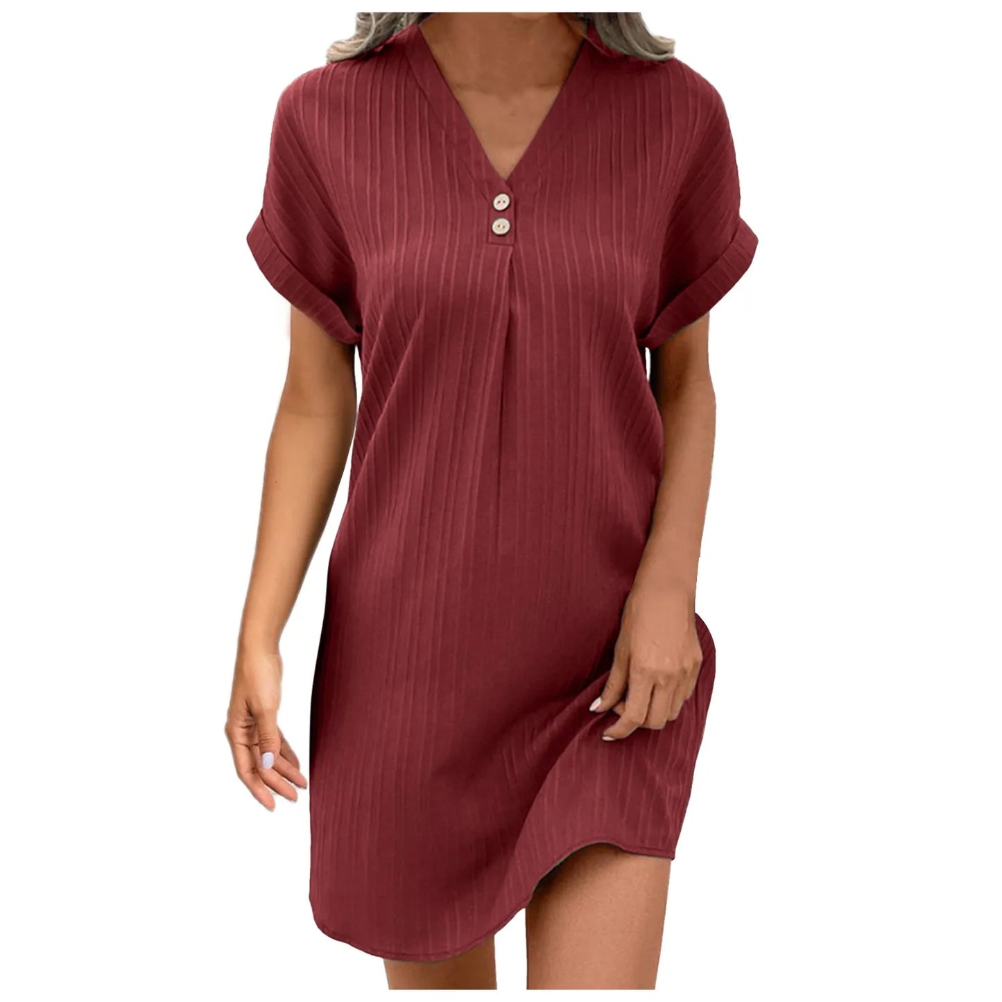 Dresses With Pockets V Neck Solid Color Pullover Comfortable Casual Button