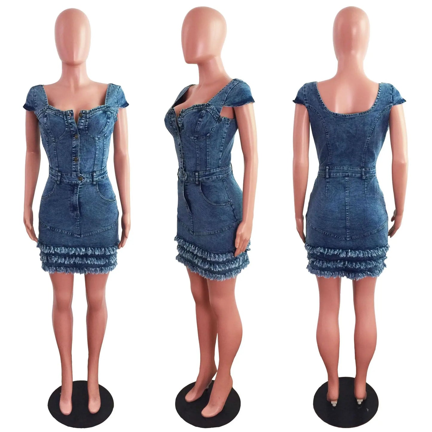 Denim Short Sleeve Square Neck Button Pocket Tassel Tiered  Mini Dress