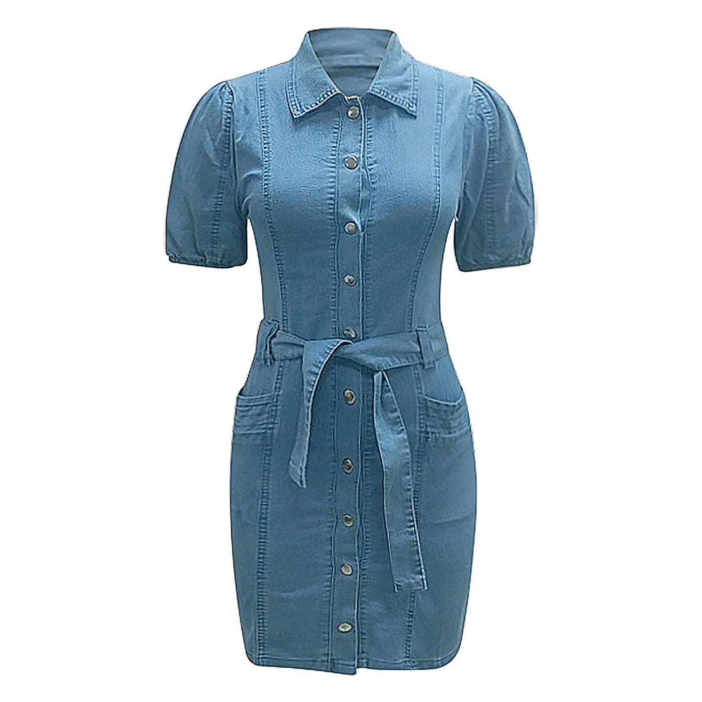 Denim Button Down Casual Belted Puff Short Sleeve Jean Dress