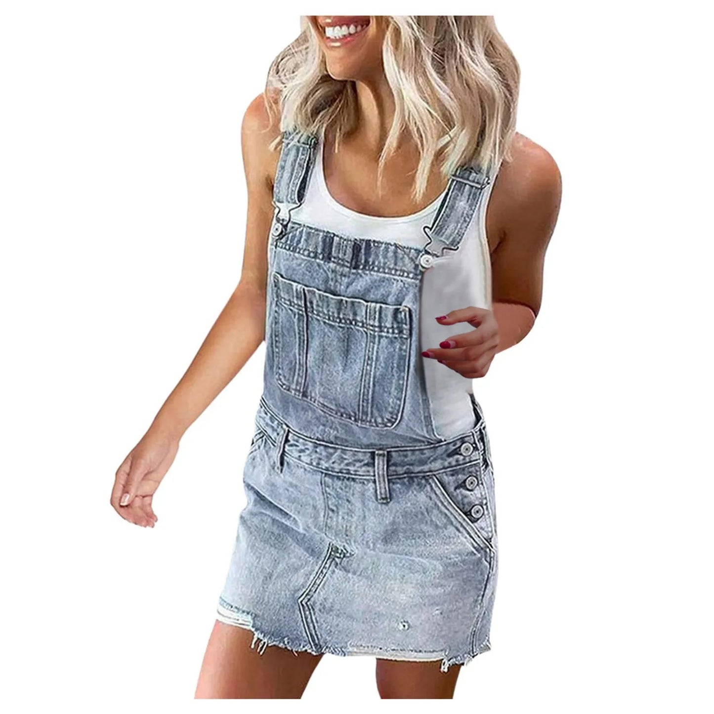 Women'S Frayed Hem Adjustable Strap Denim Overall Dress