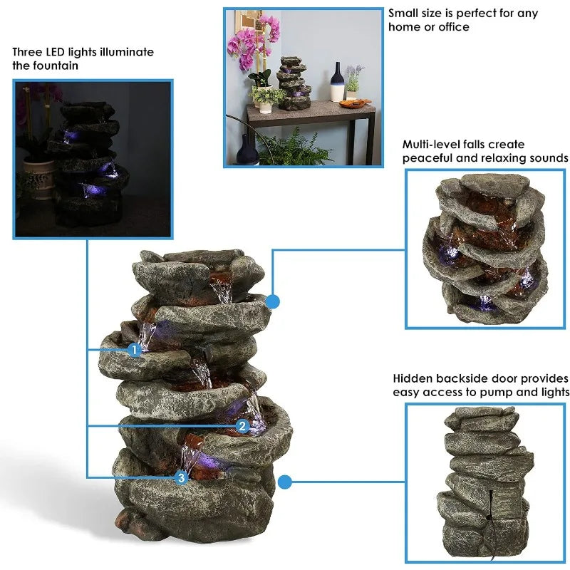 Stone Falls 15-Inch 6-Tier Tabletop Water Fountain with LED Lights