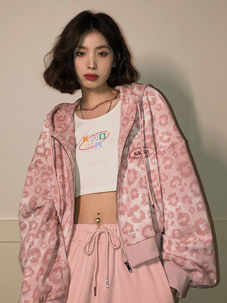 Preppy Style Pink Sweatshirts Leopard Print  Hoodies Zipper - peterkaczconnect