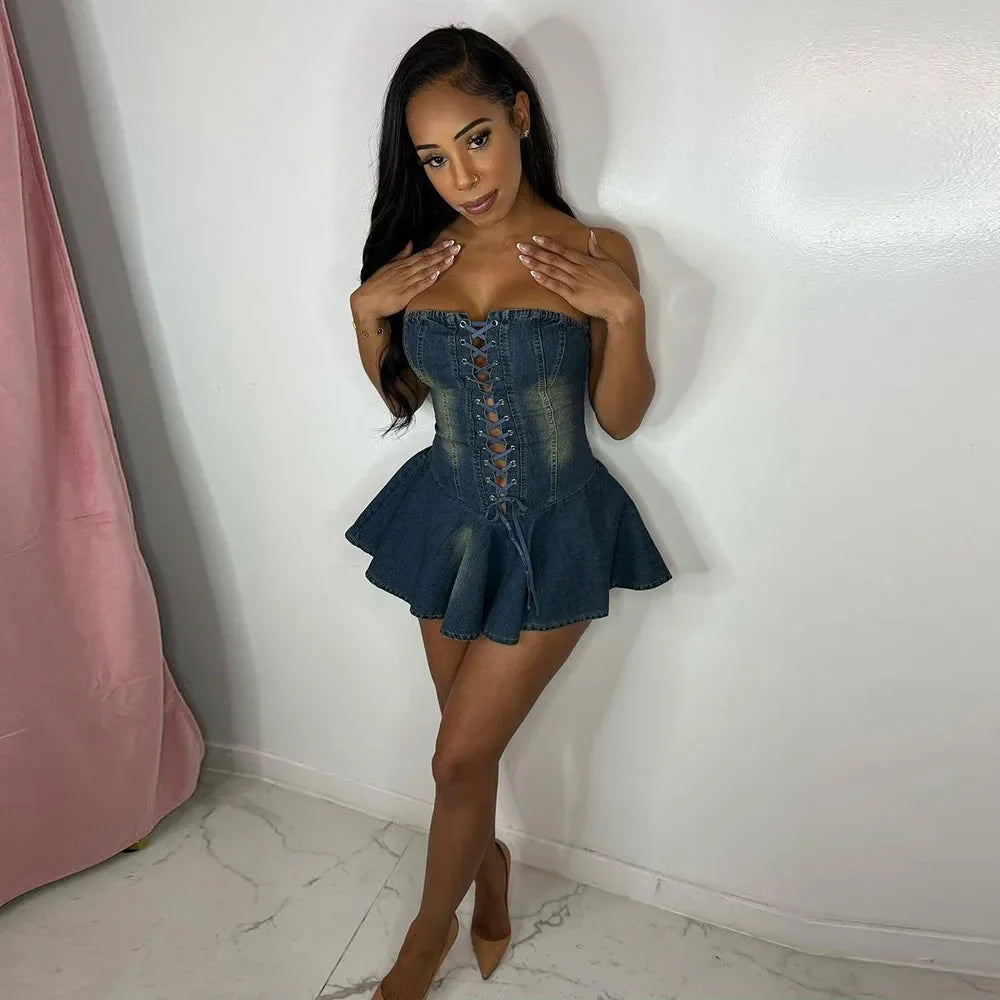 Sexy Denim Ruffle Dress Elegant  Mini Dress