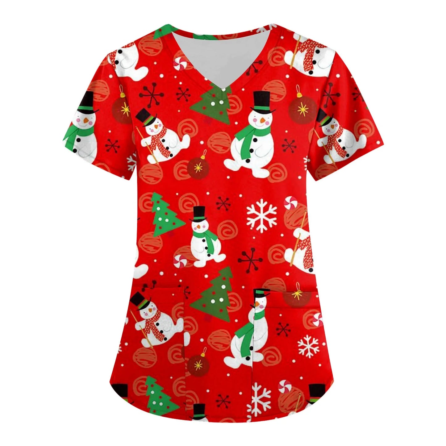 Christmas V-neck Pocket Nursing Scrubs T-shirt