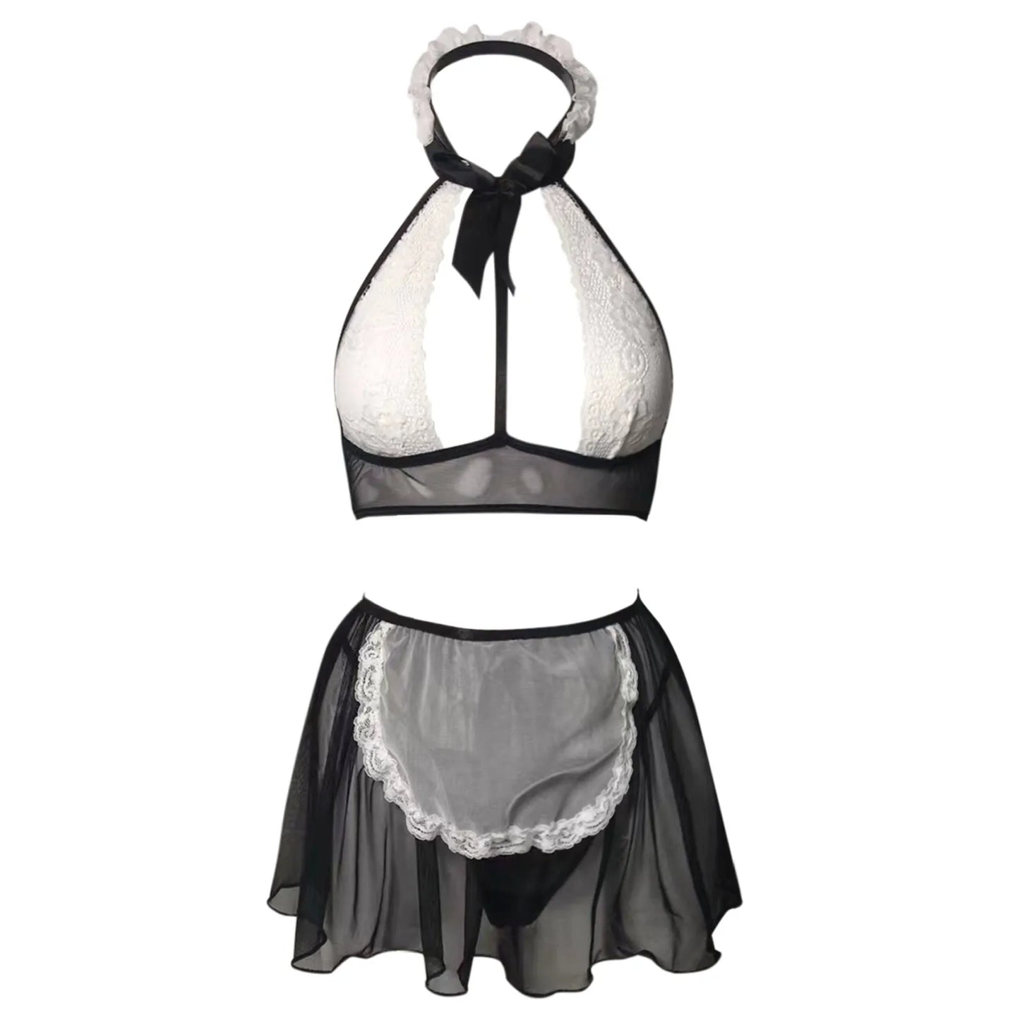 Maid Uniform Sexy Erotic Lingerie Mesh Bow Lace Cosplay Costumes