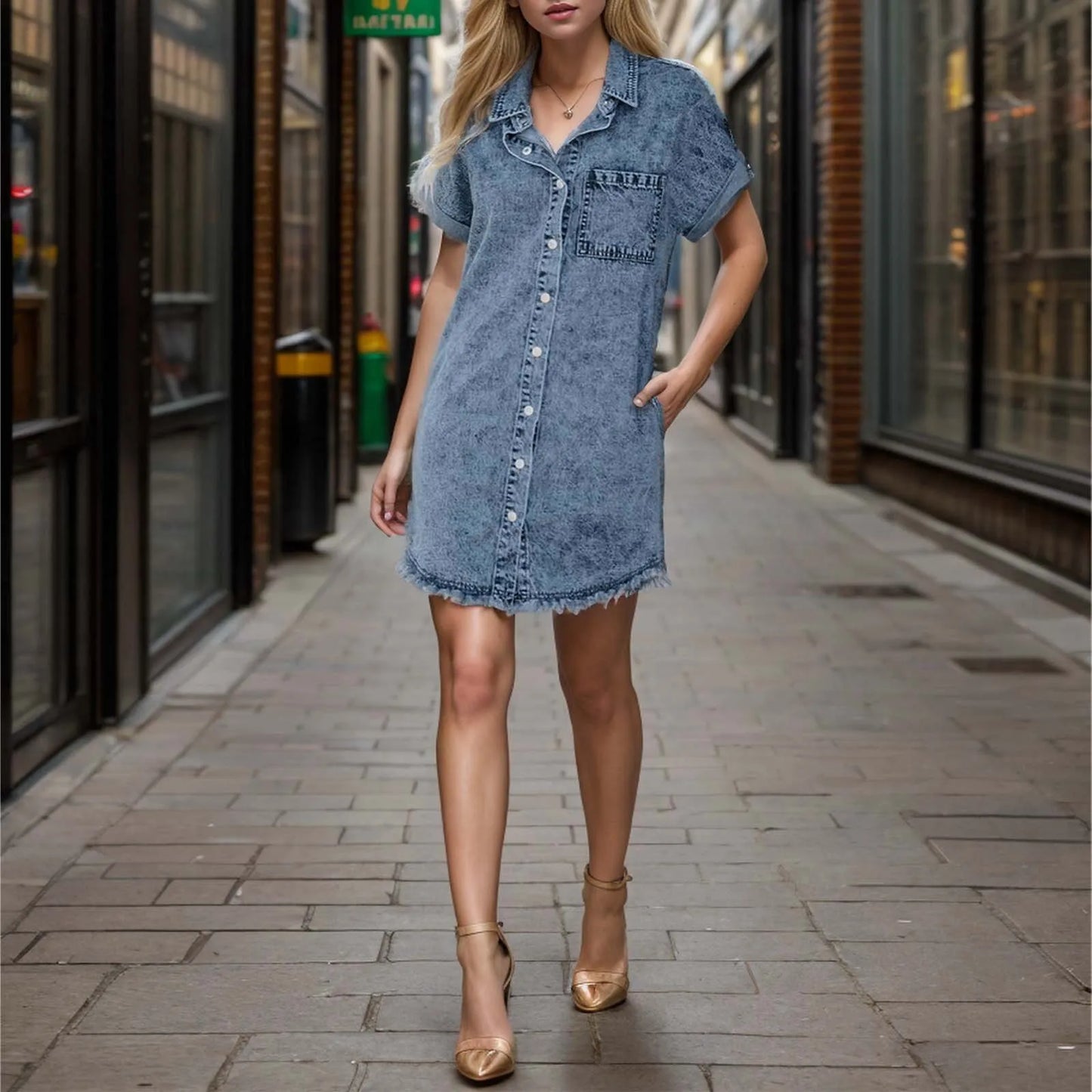 Denim Shirt Dress Casual Loose Fit Short Sleeve Cardigan Button Down Jean Dress