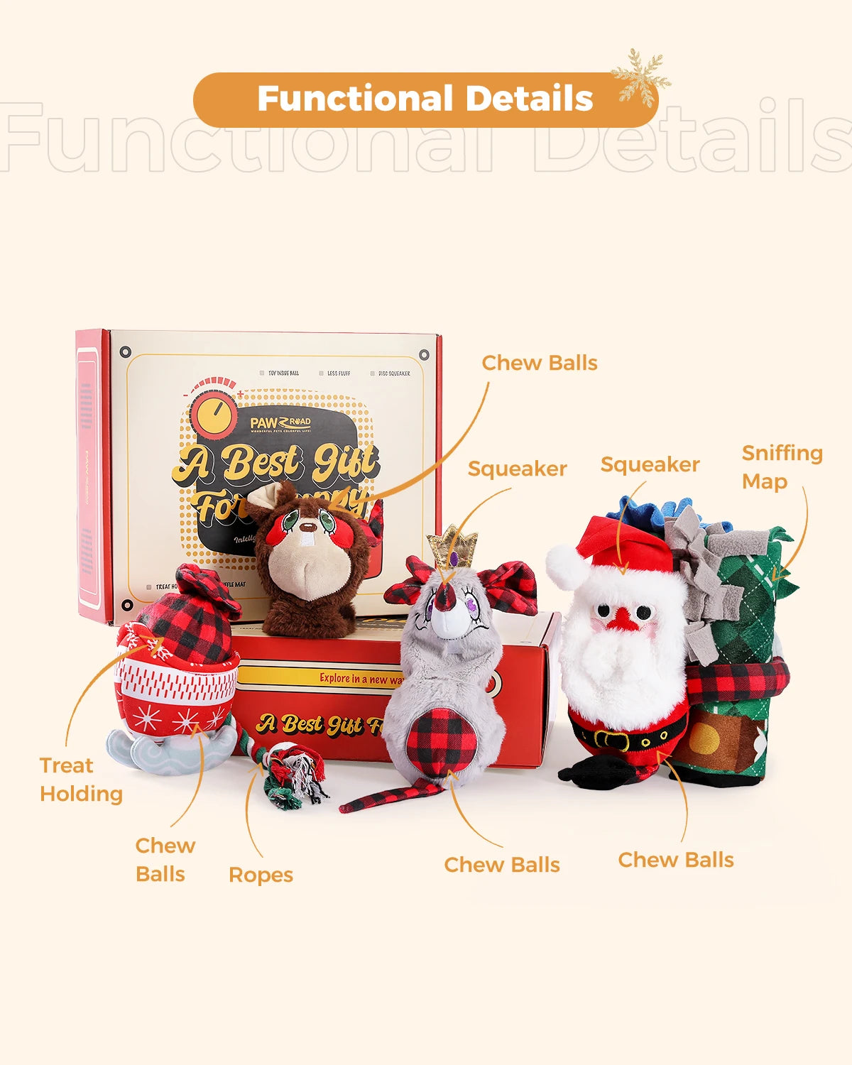 5 Piece Christmas Dog Toy Gift Set - Squeaky Toys Unstuffed Chew Toys