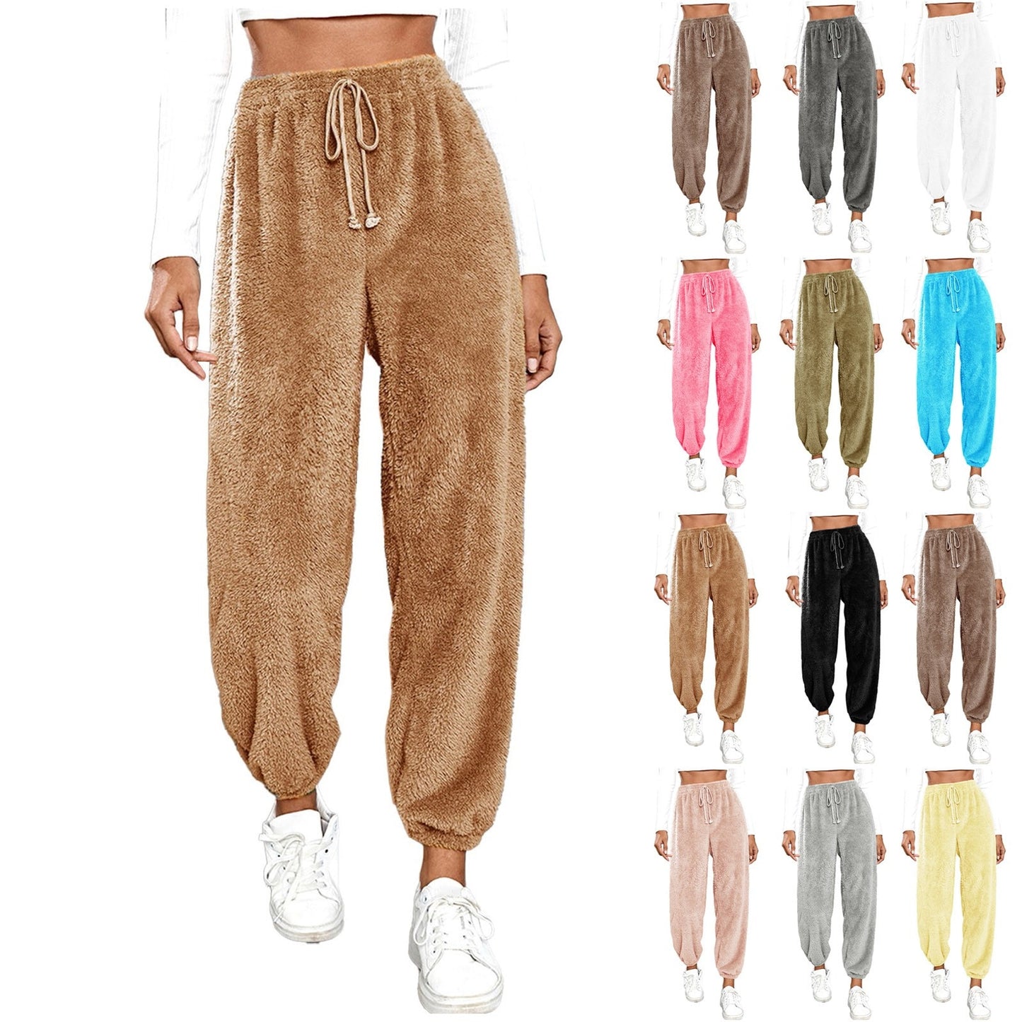 Women's Thick Pants Elastic Solid Color Plush Fleece