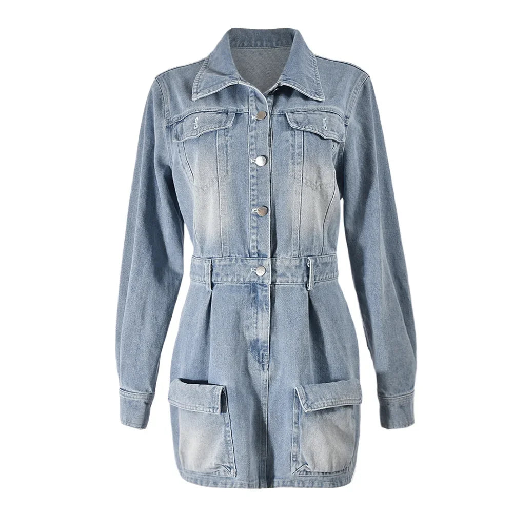 Full Sleeve Single Breasted Turn-down Collar Denim Midi Dress