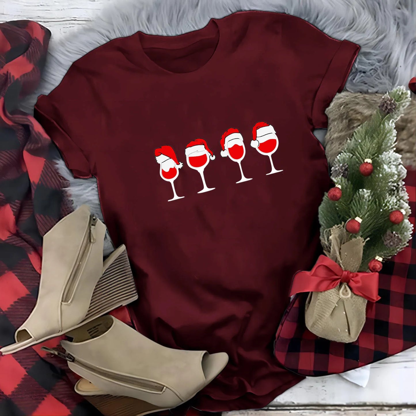 Women Casual Christmas T Shirt Red Wine Glass