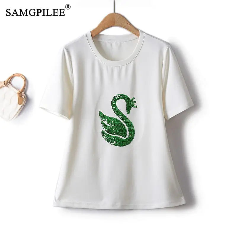 Pullover Embroidery Sequin Short Sleeve T-shirts For Women   4XL