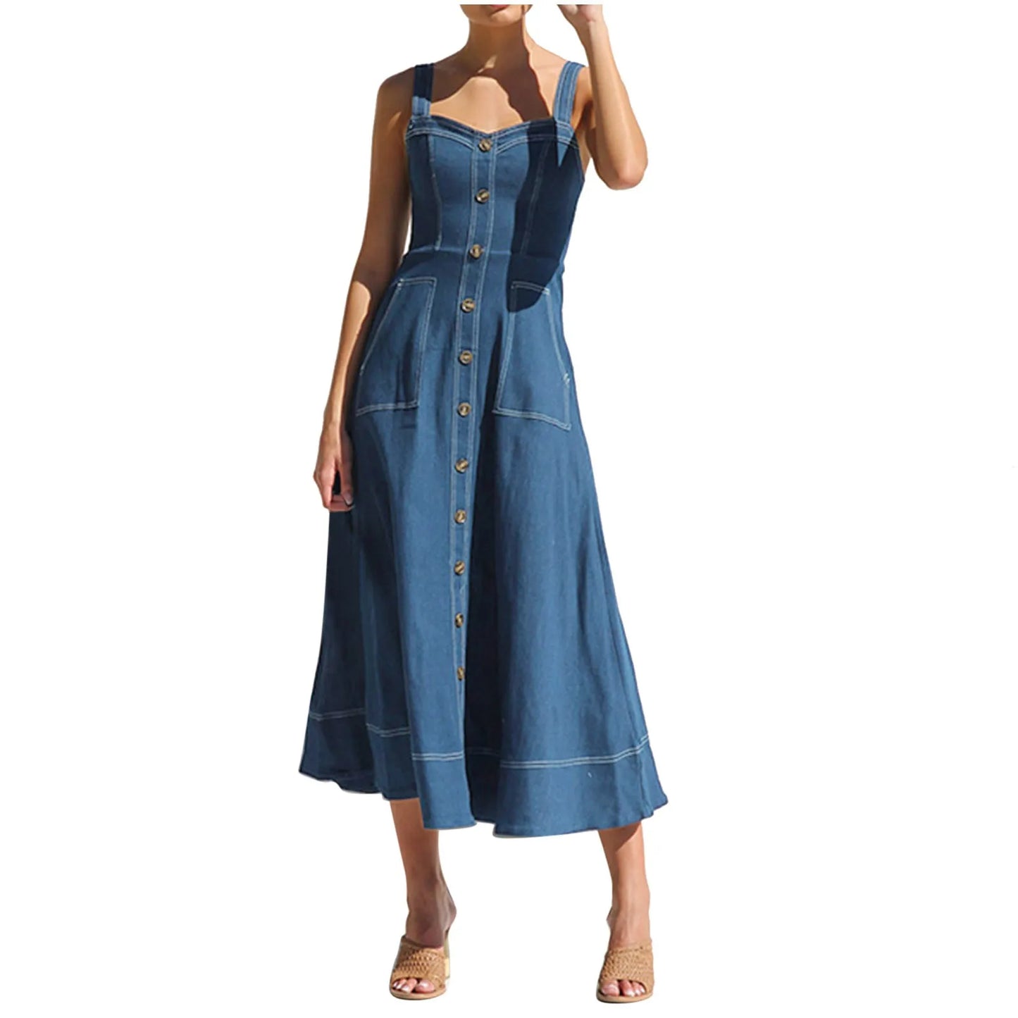 Long Denim Dress  Suspender Casual Button