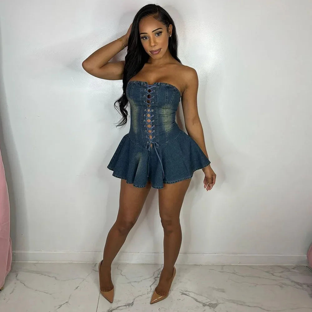 Sexy Denim Ruffle Dress Elegant  Mini Dress