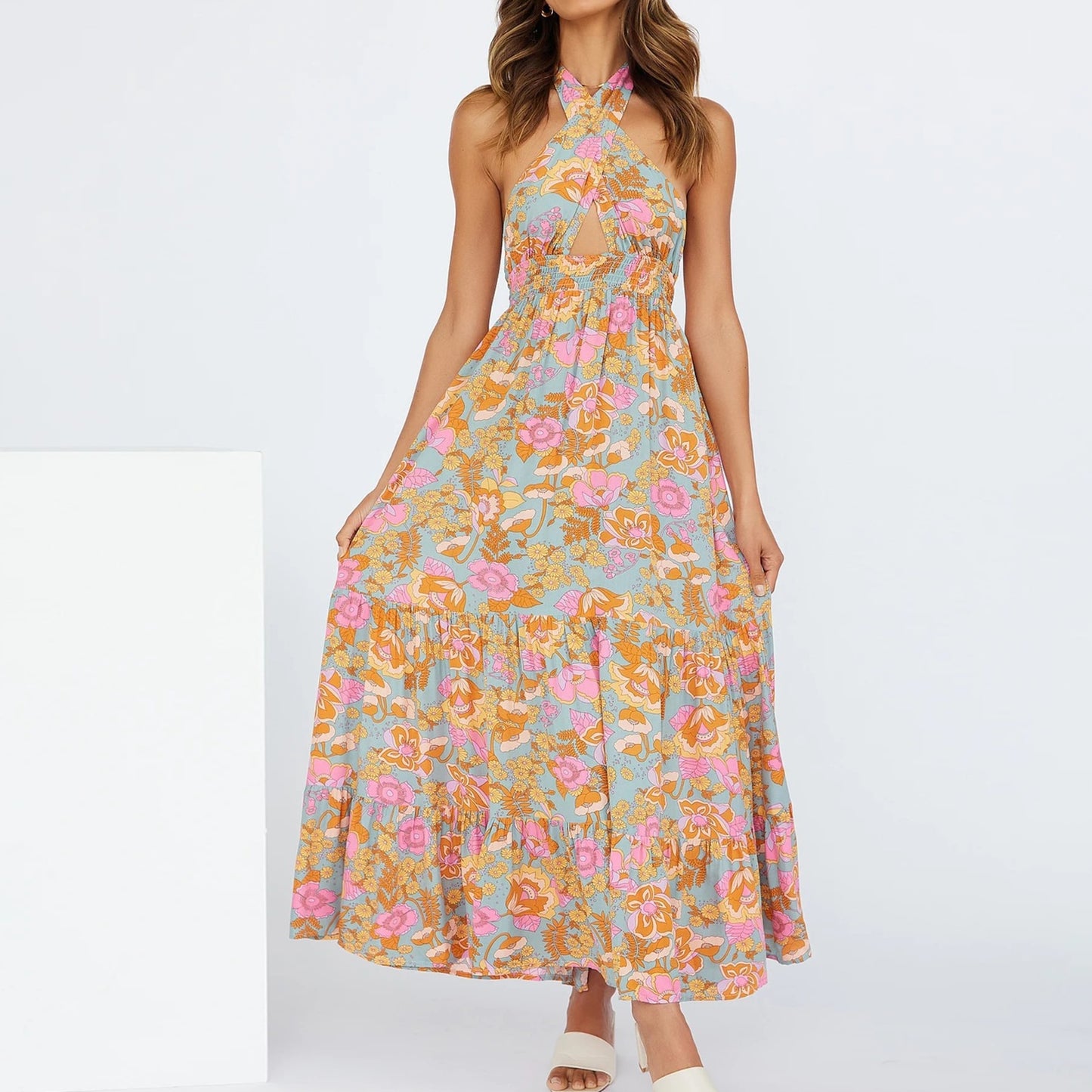 Floral Print Beach Dress Halter Neck Elegant Dress - peterkaczconnect