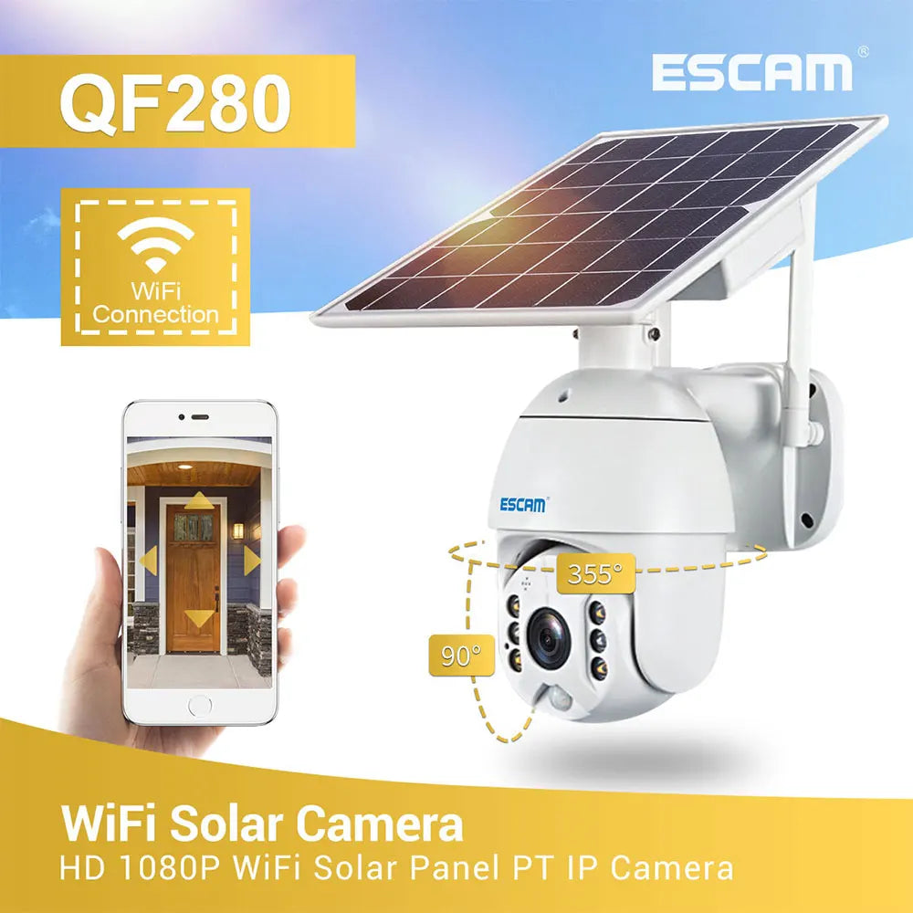 ESCAM QF280 1080P Cloud Storage PT WIFI Battery PIR Alarm IP Camera With Solar Panel Night Vision Two Way IP66 Waterproof