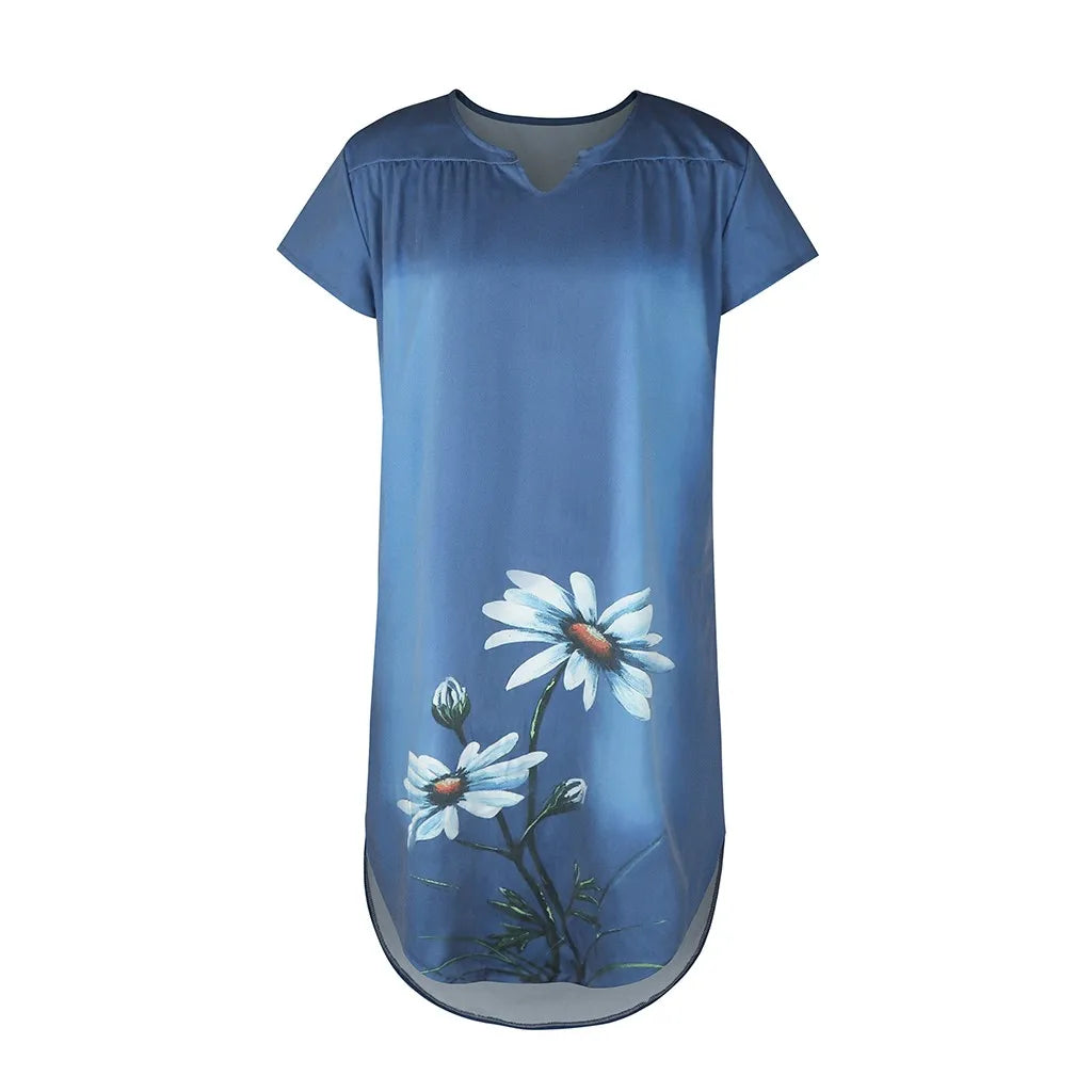 Women Knee-Length Denim Dress V Neck Short Sleeve  floral print