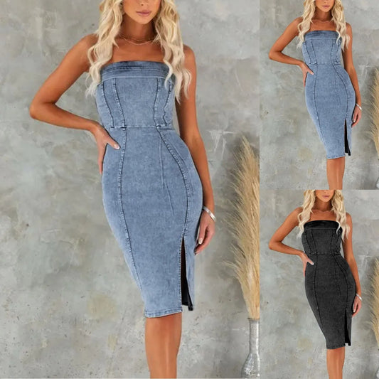 Women Solid Slash Sleeveless Denim Midi Dress