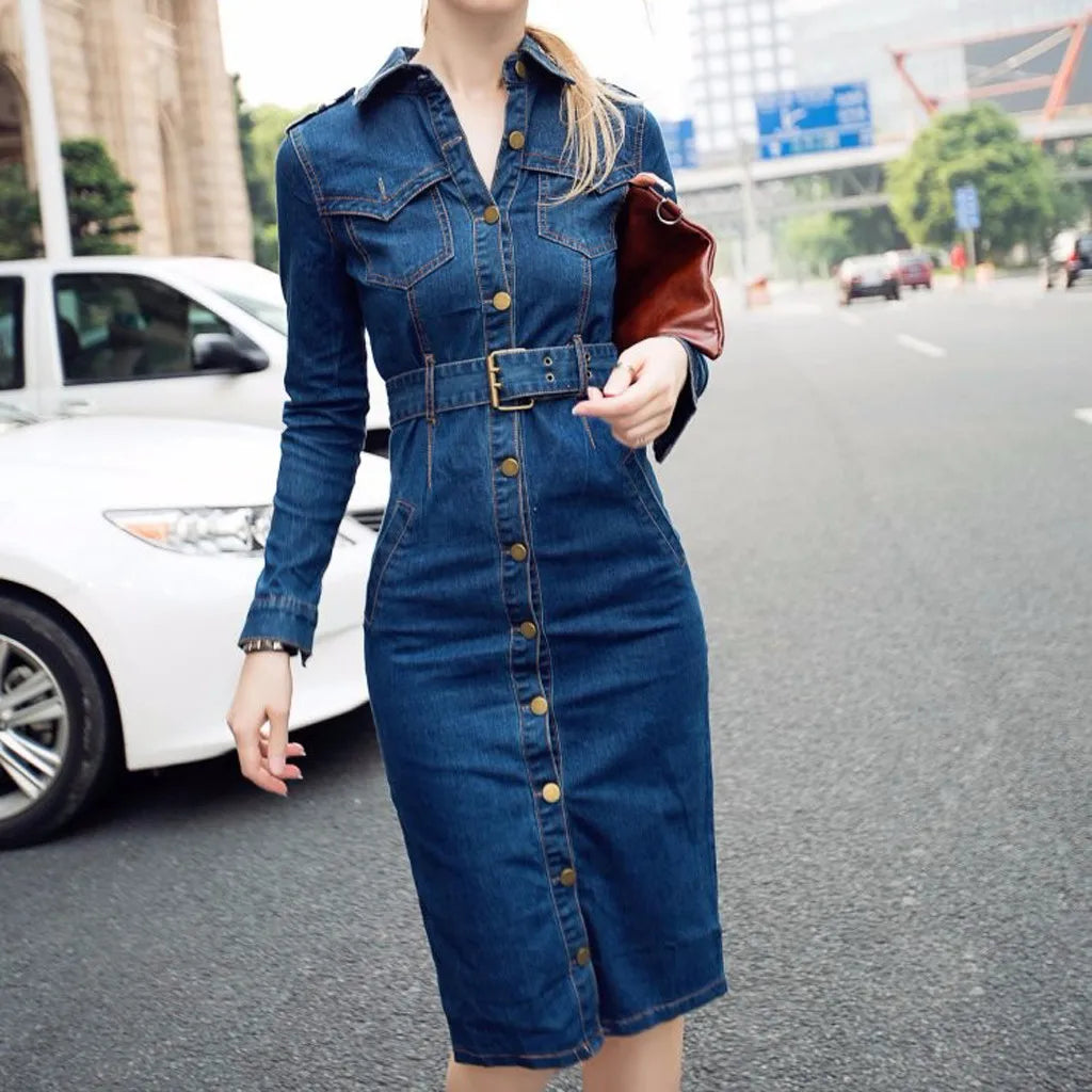 Summer Long Sleeve Denim Dress Mid-Cuff