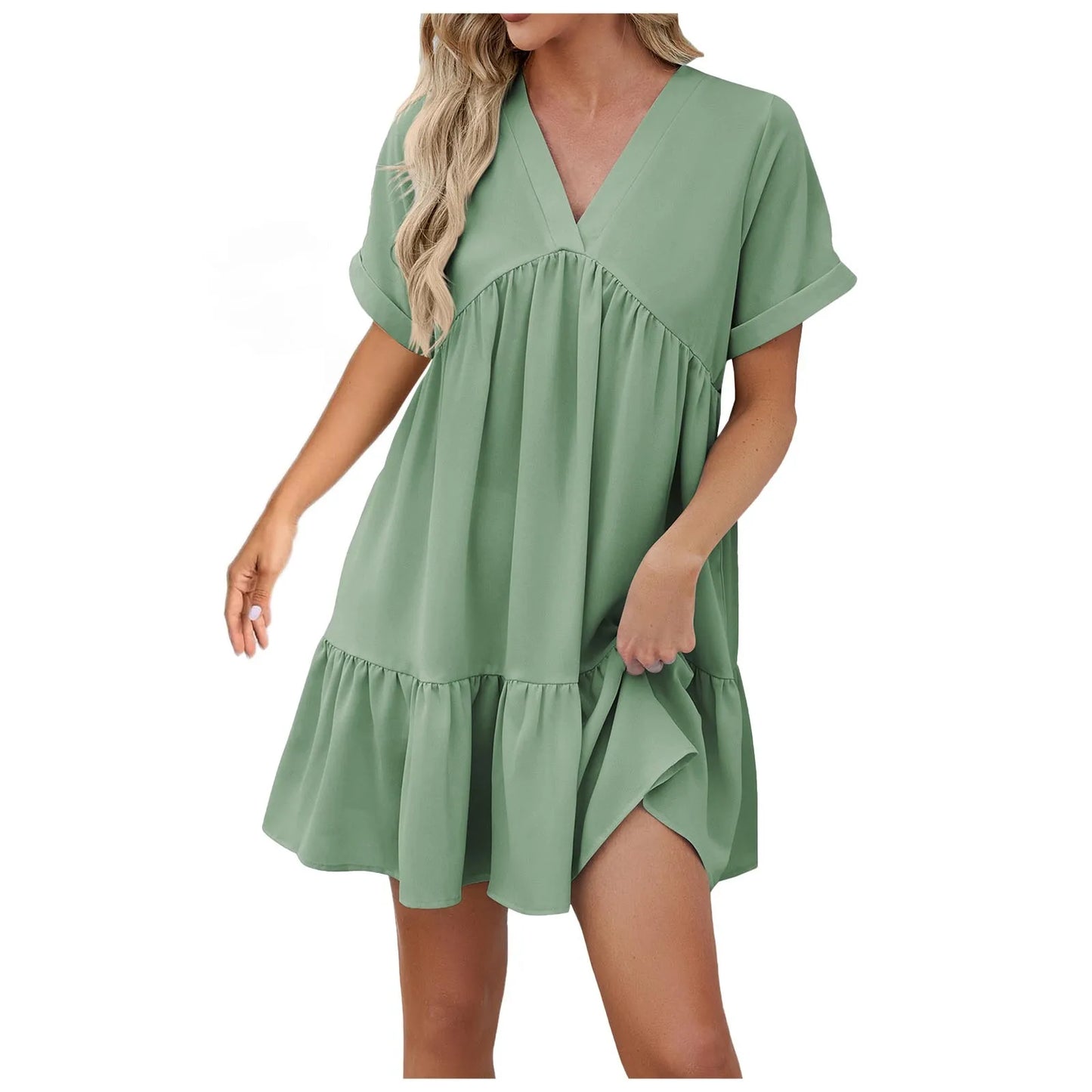 V Neck A-Line Casual Loose Pleated Mini Beach Dress