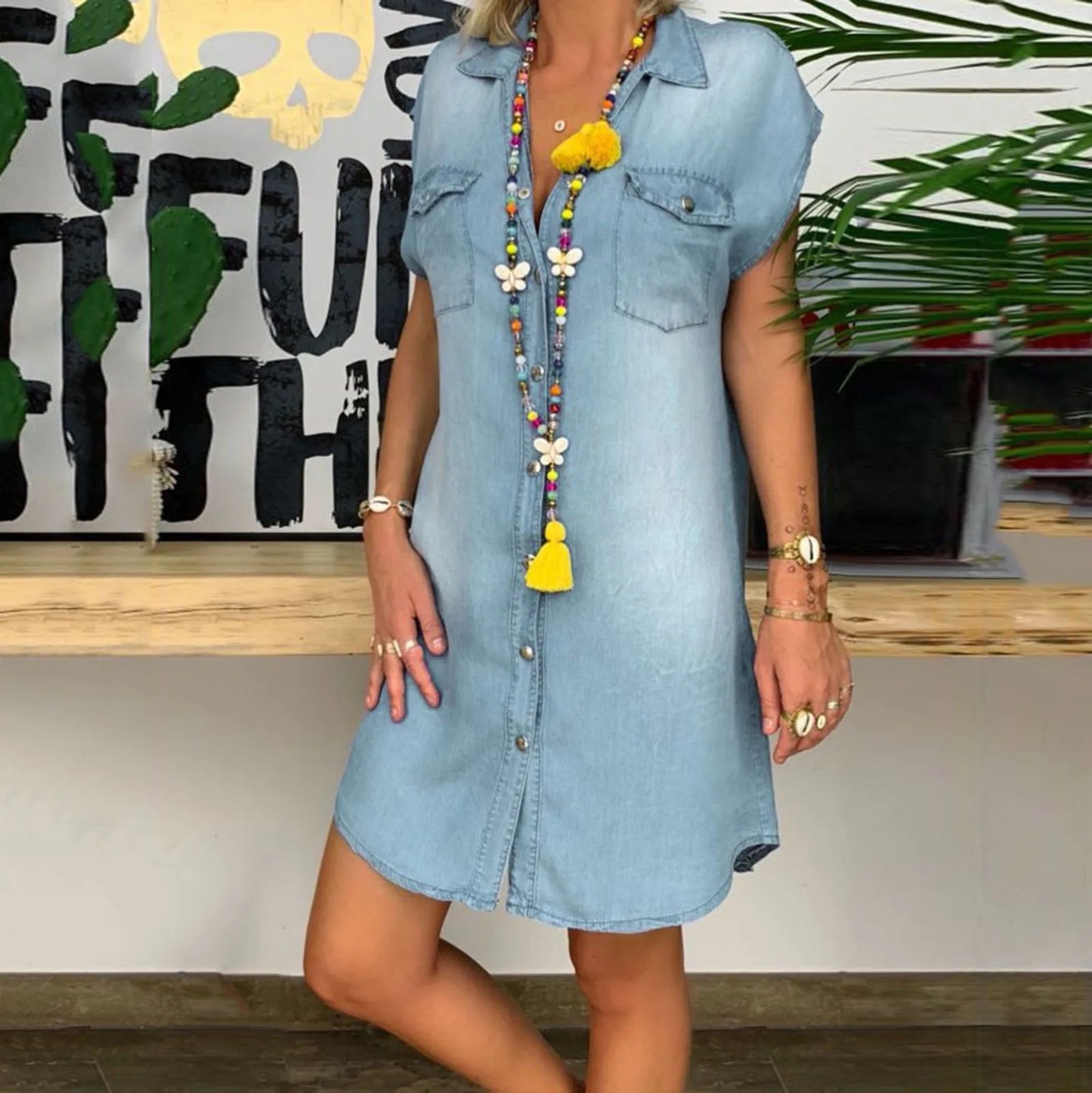 Casual Turndown Neck Denim Party Dresses up to 3xl