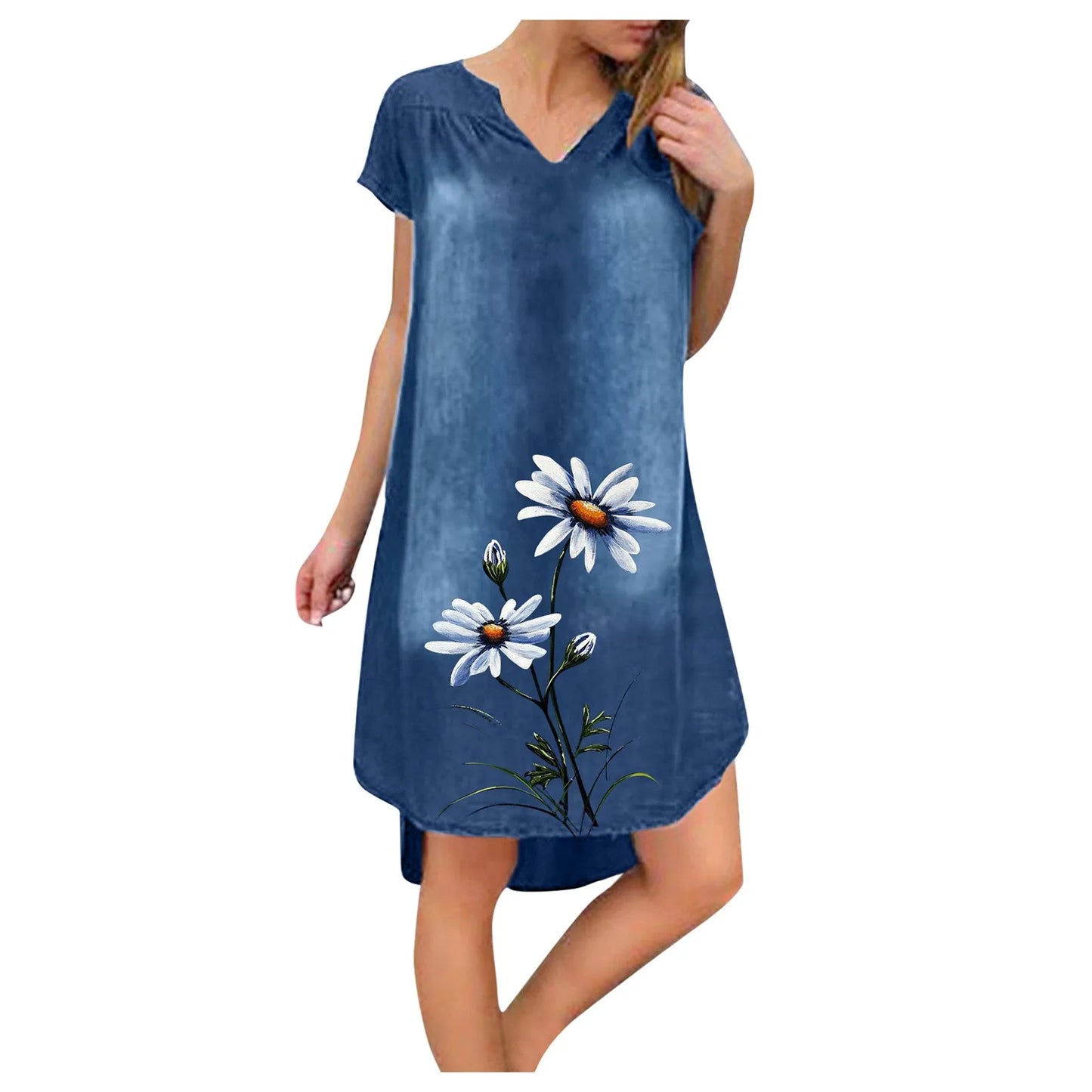 Women Knee-Length Denim Dress V Neck Short Sleeve  floral print