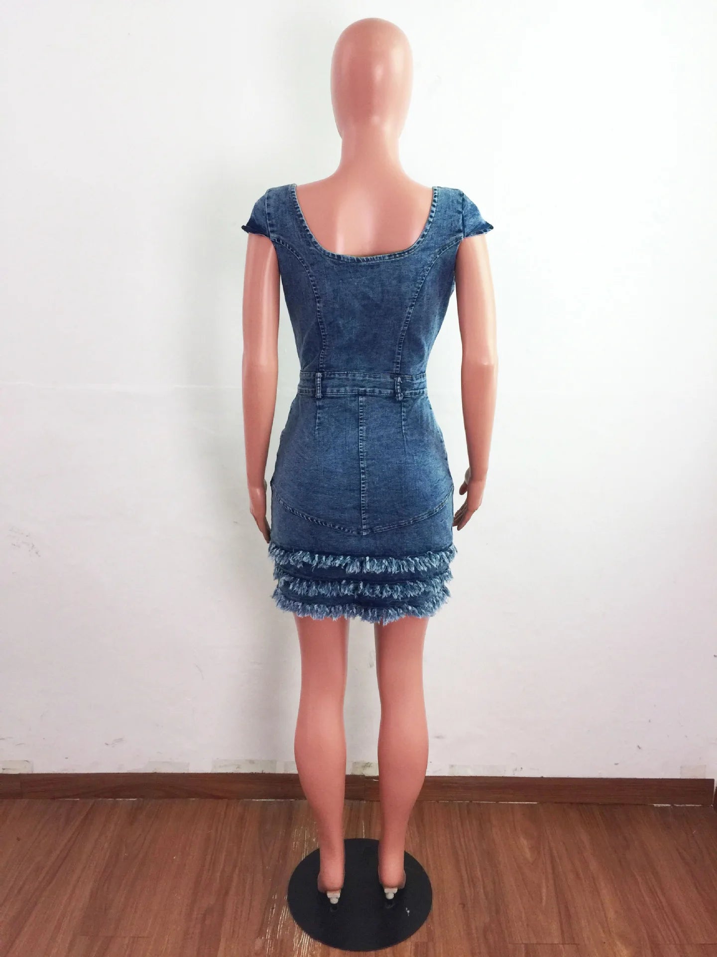 Denim Short Sleeve Square Neck Button Pocket Tassel Tiered  Mini Dress