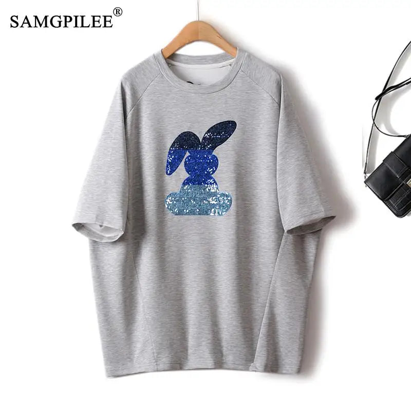 Cartoon Women T-shirt  Spring Summer Cotton Half Sleeve Embroidery Sweater Tops Woman 4XL