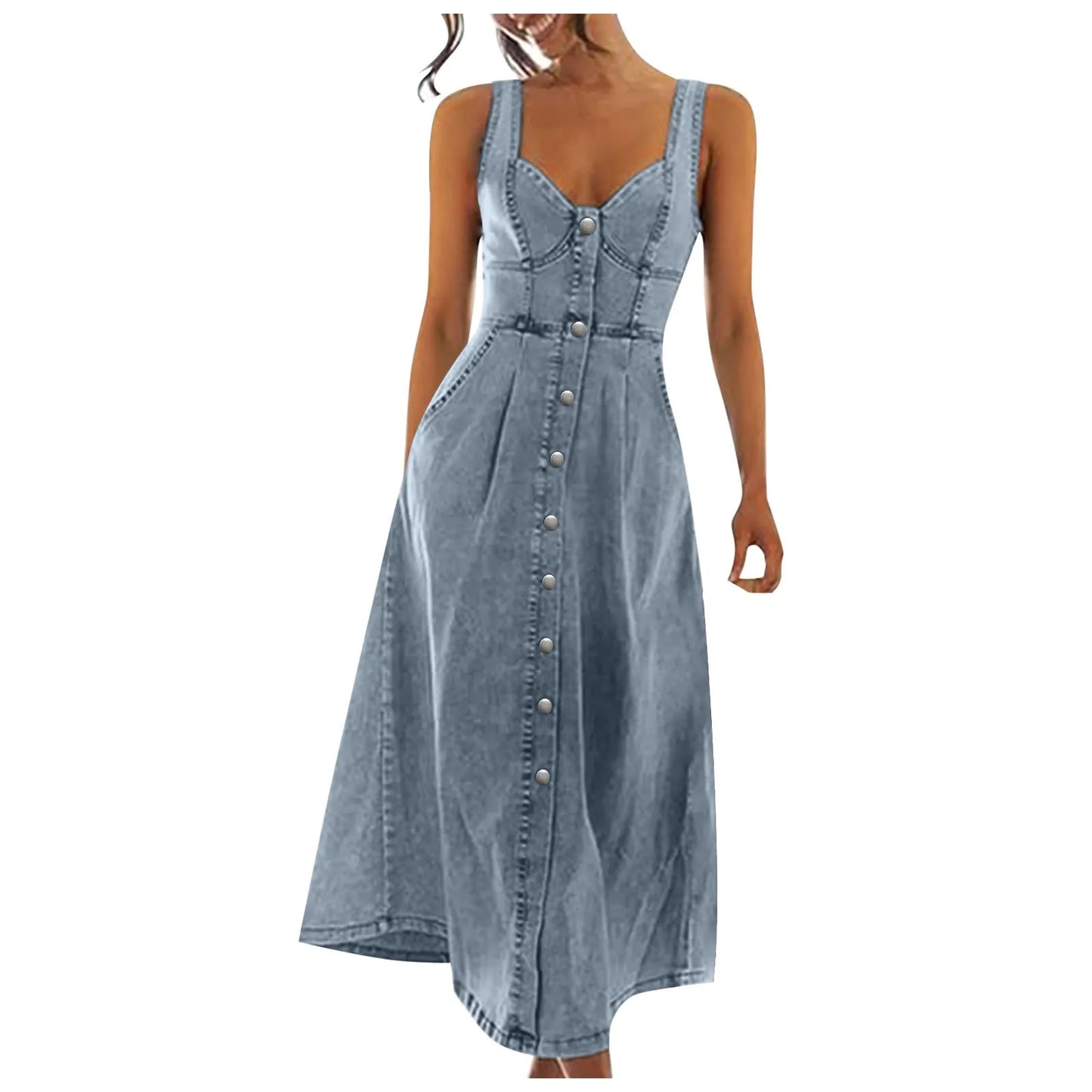 Women'S Denim Sleeveless Button Fit Midi Dress