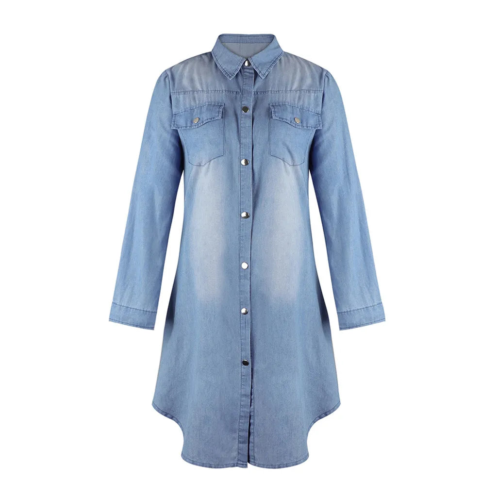 Loose Long Sleeve Jeans Dress Turndown Neck Short Denim Dress