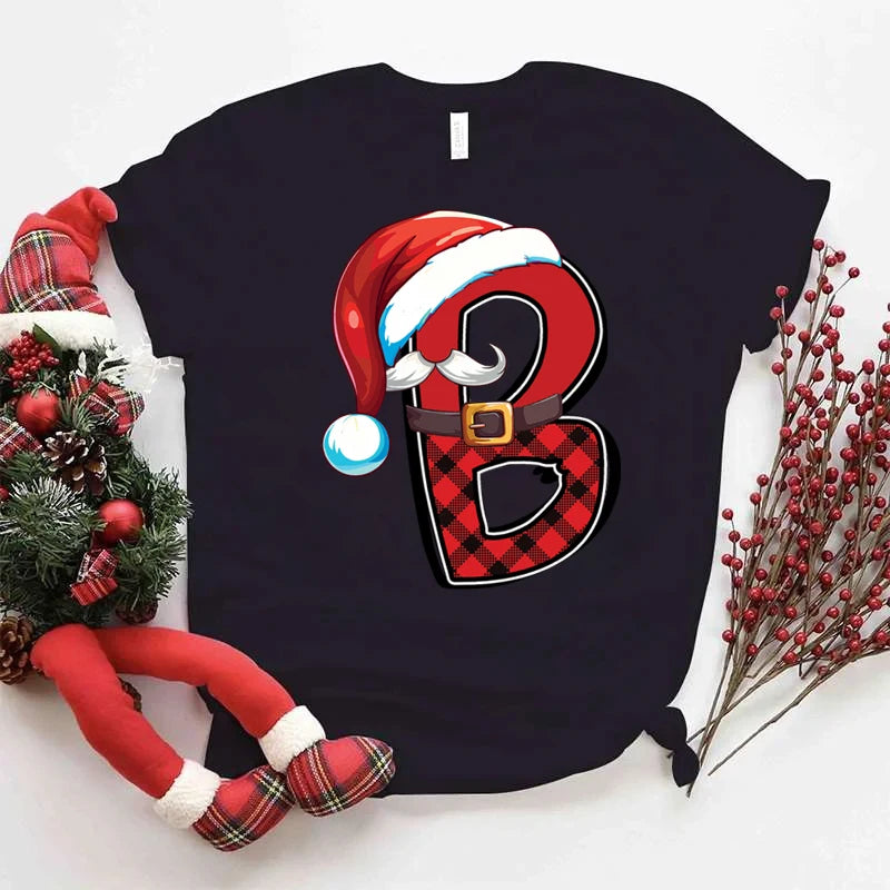 Women Christmas Alphabet Short Sleeve Tee