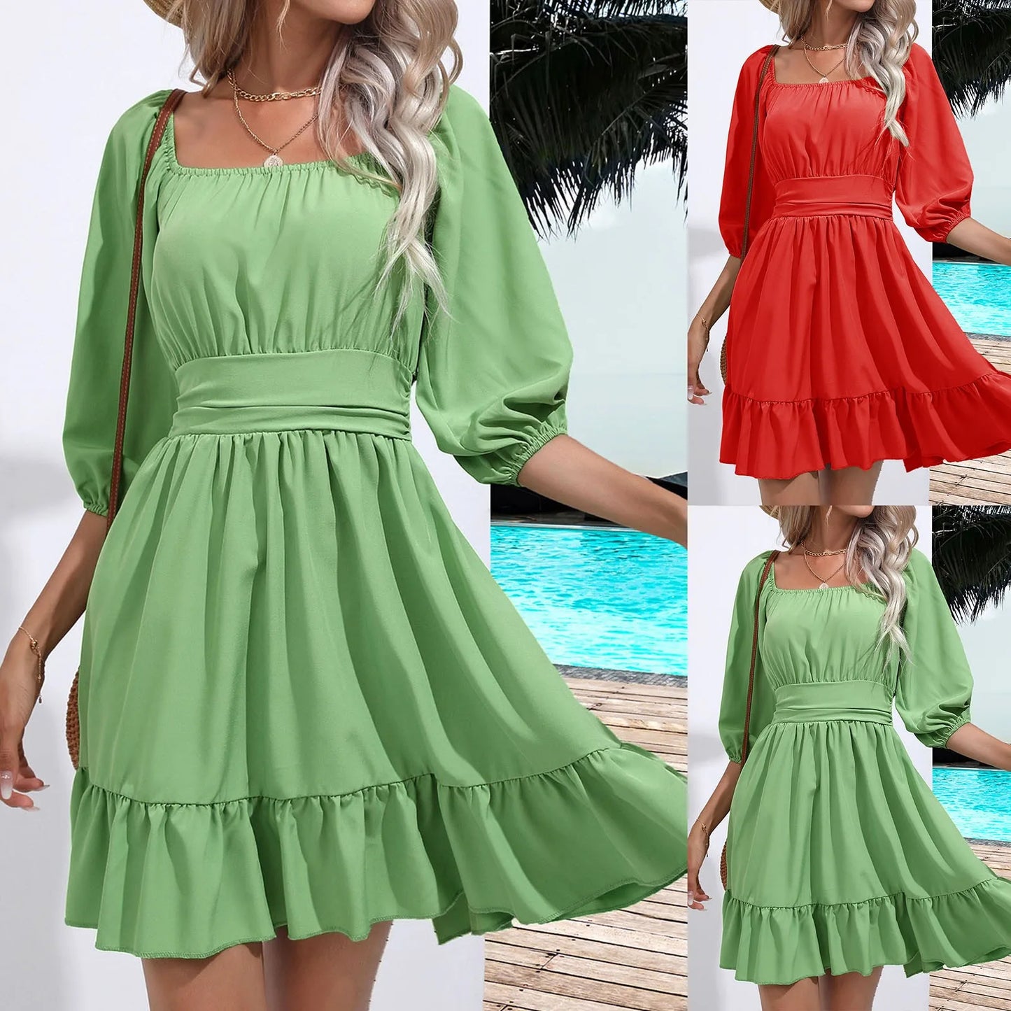 Slim Waist Mini Dress Square Collar Puff Half Sleeve Short Dress