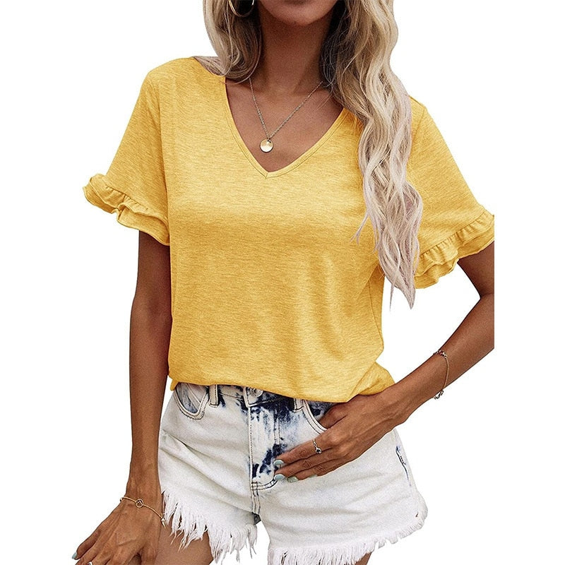 Womens V Neck T Shirt Short Flounce Sleeve Soft Casual - peterkaczconnect