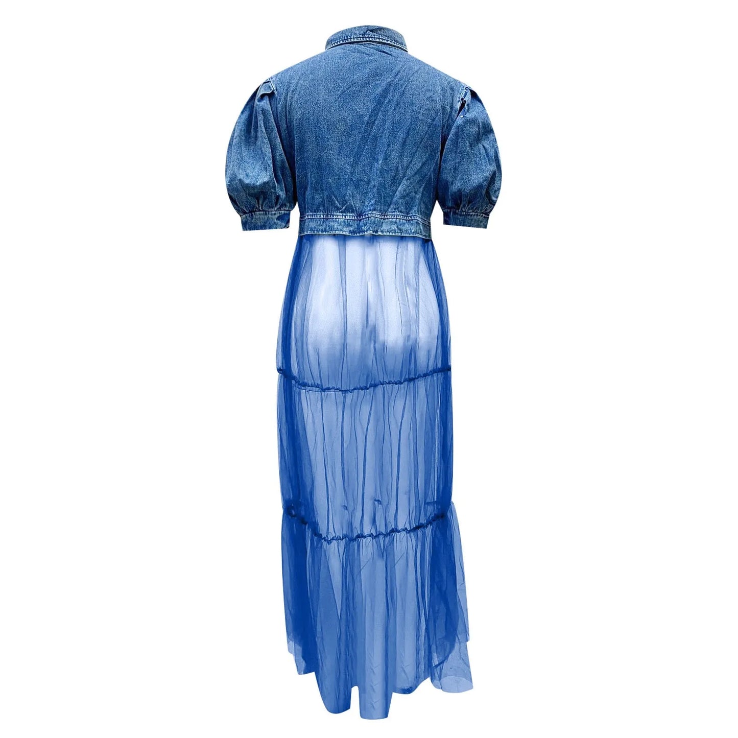 Blue Denim Mesh Patchwork Maxi Dress With Belt Plus Size