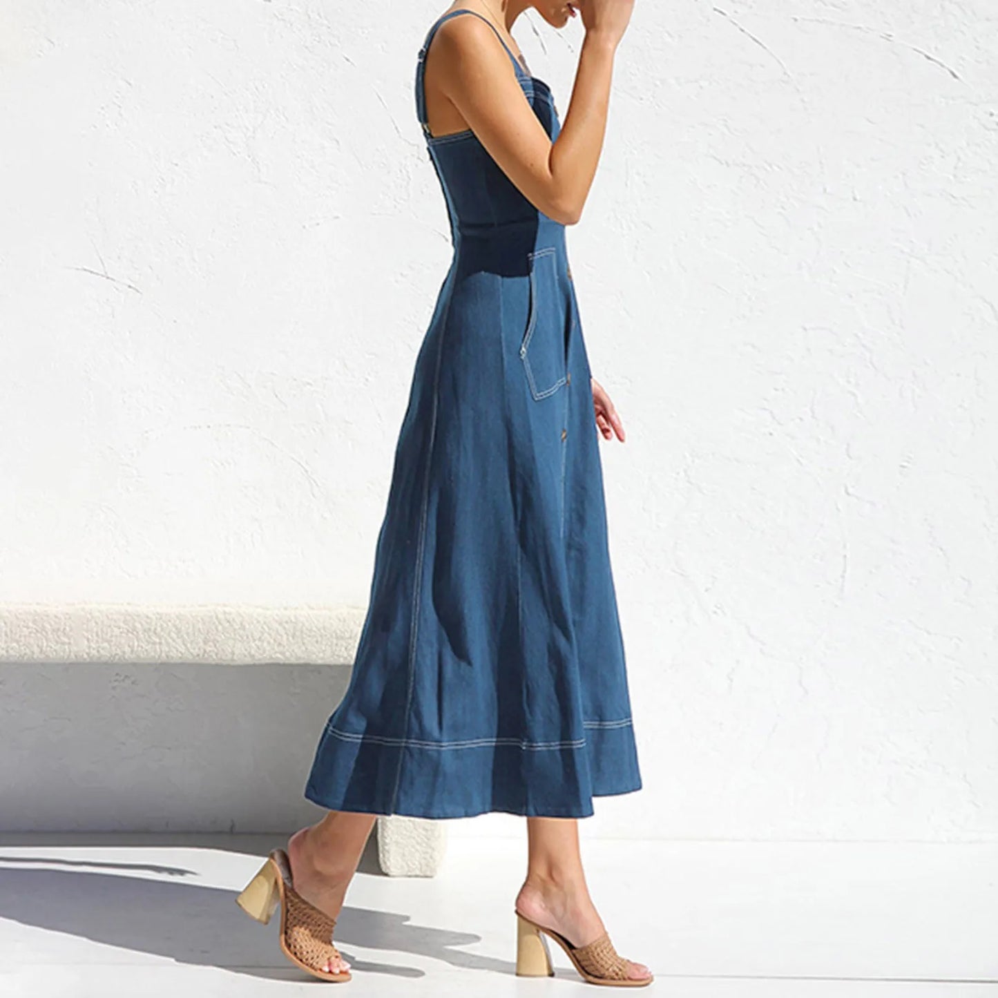 Long Denim Dress  Suspender Casual Button