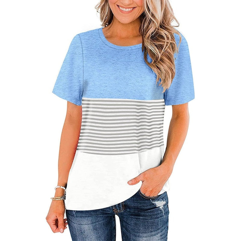 Women Round Neck Triple Color Block Stripe T-Shirt - peterkaczconnect