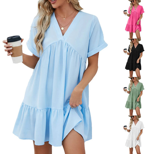 V Neck A-Line Casual Loose Pleated Mini Beach Dress