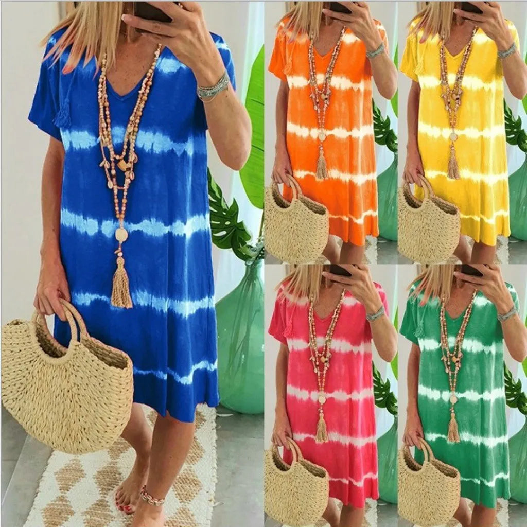 Womens Casual Striped Tie-Dye Print Dress V Neck Loose T-Shirt Dress(S-3XL)