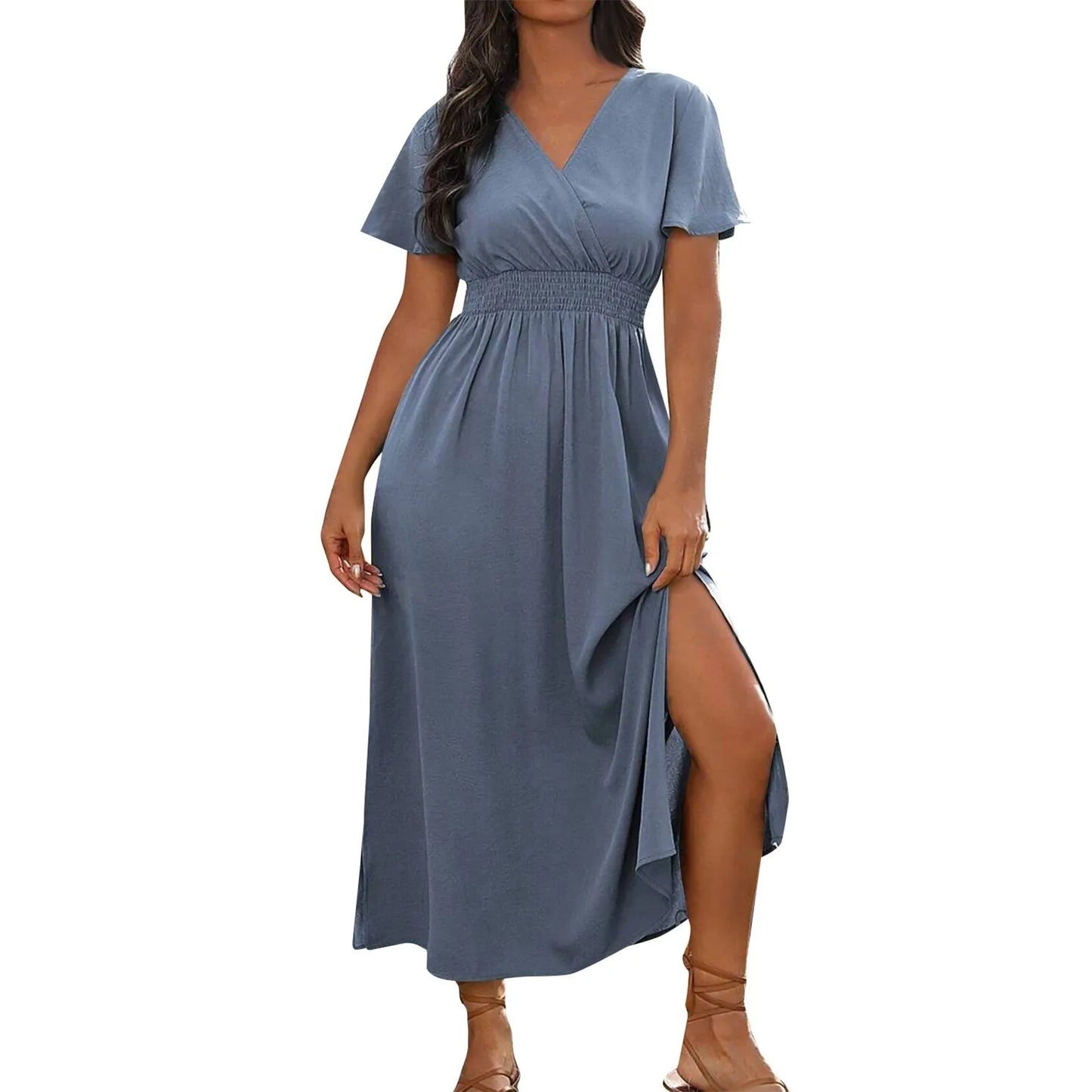 Summer Dress Fashion Waist Maxi Dress Sexy V Neck Side Slit