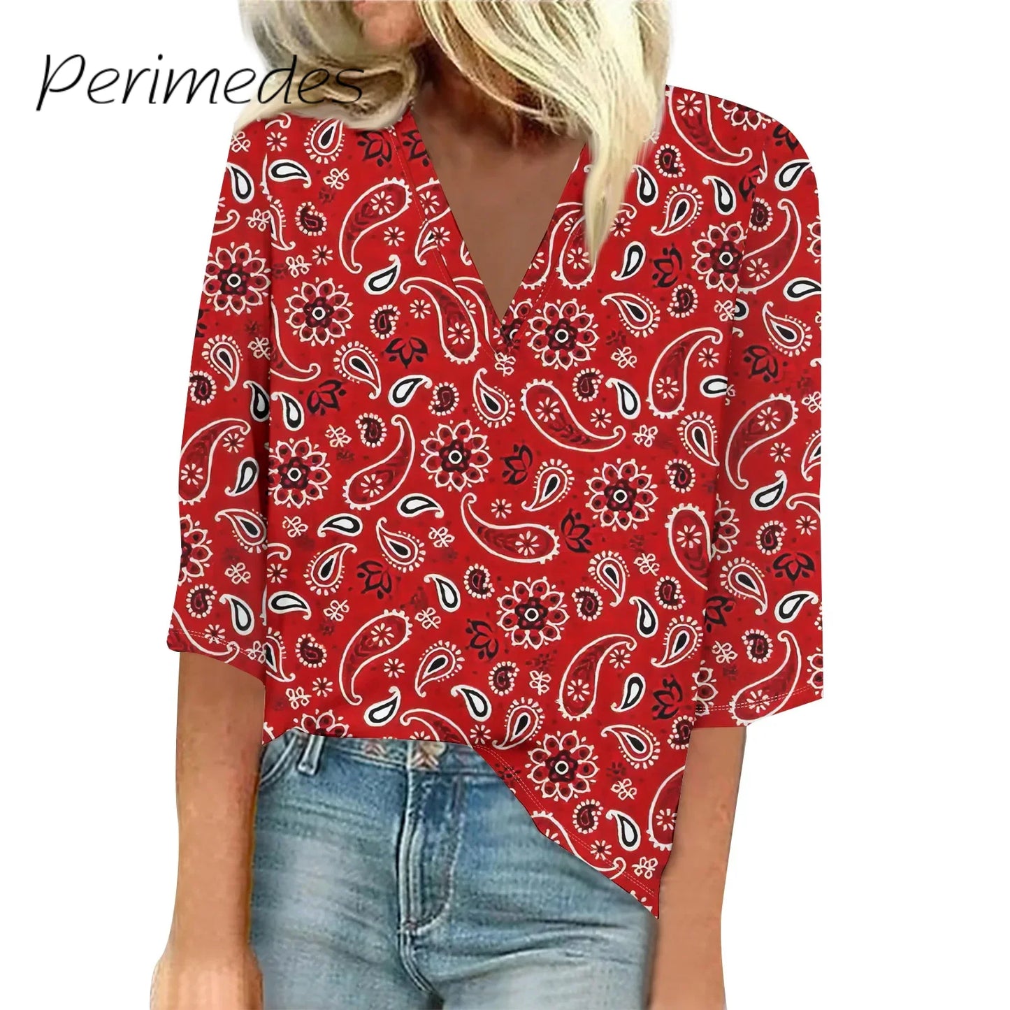 Women'S Blouse 3/4 Sleeve Cute Printed V-Neck Top