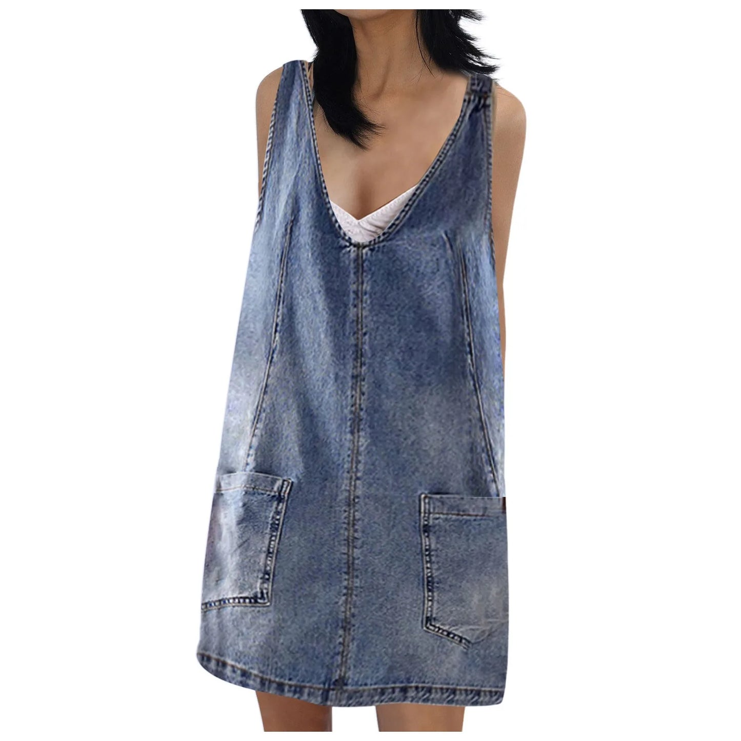 Jean Dress Pants Camisole Button Pocket Loose Washed Denim Dress