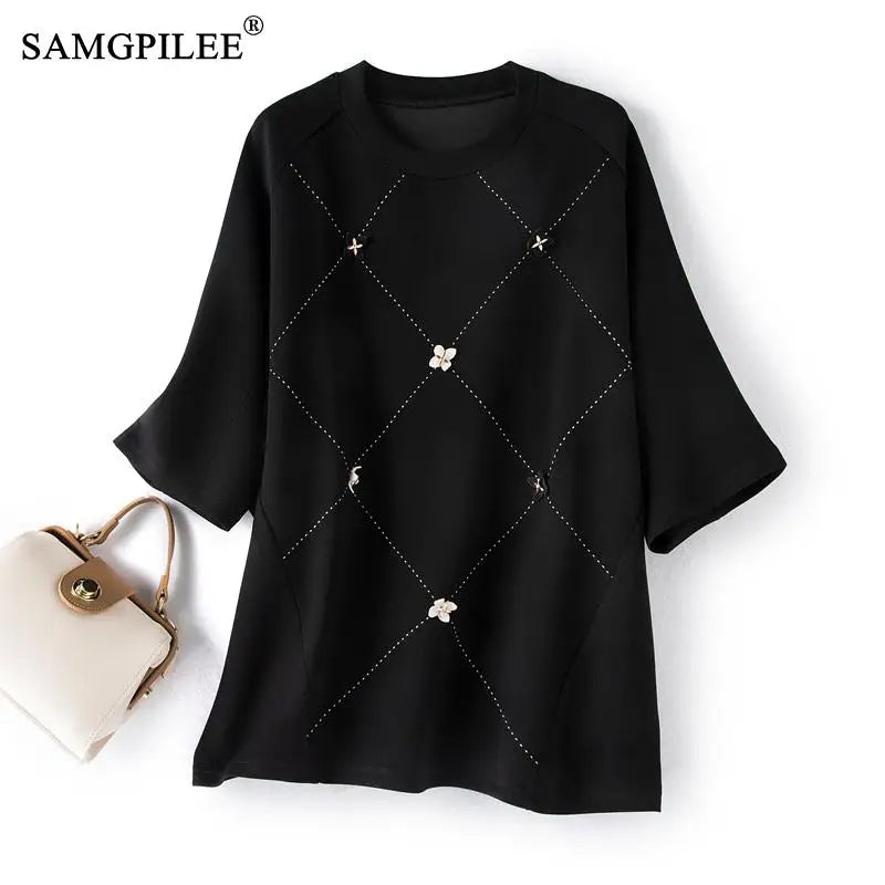 Oversized T-shirt Casual Cotton Bright Line Decoration Loose Tops Women 4XL