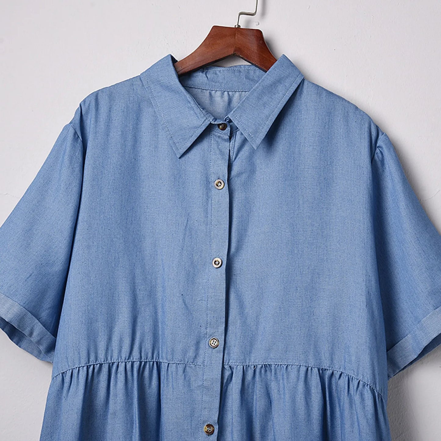 Women Short Sleeve Single Breasted Splicing Big Swing Denim A-line Dress