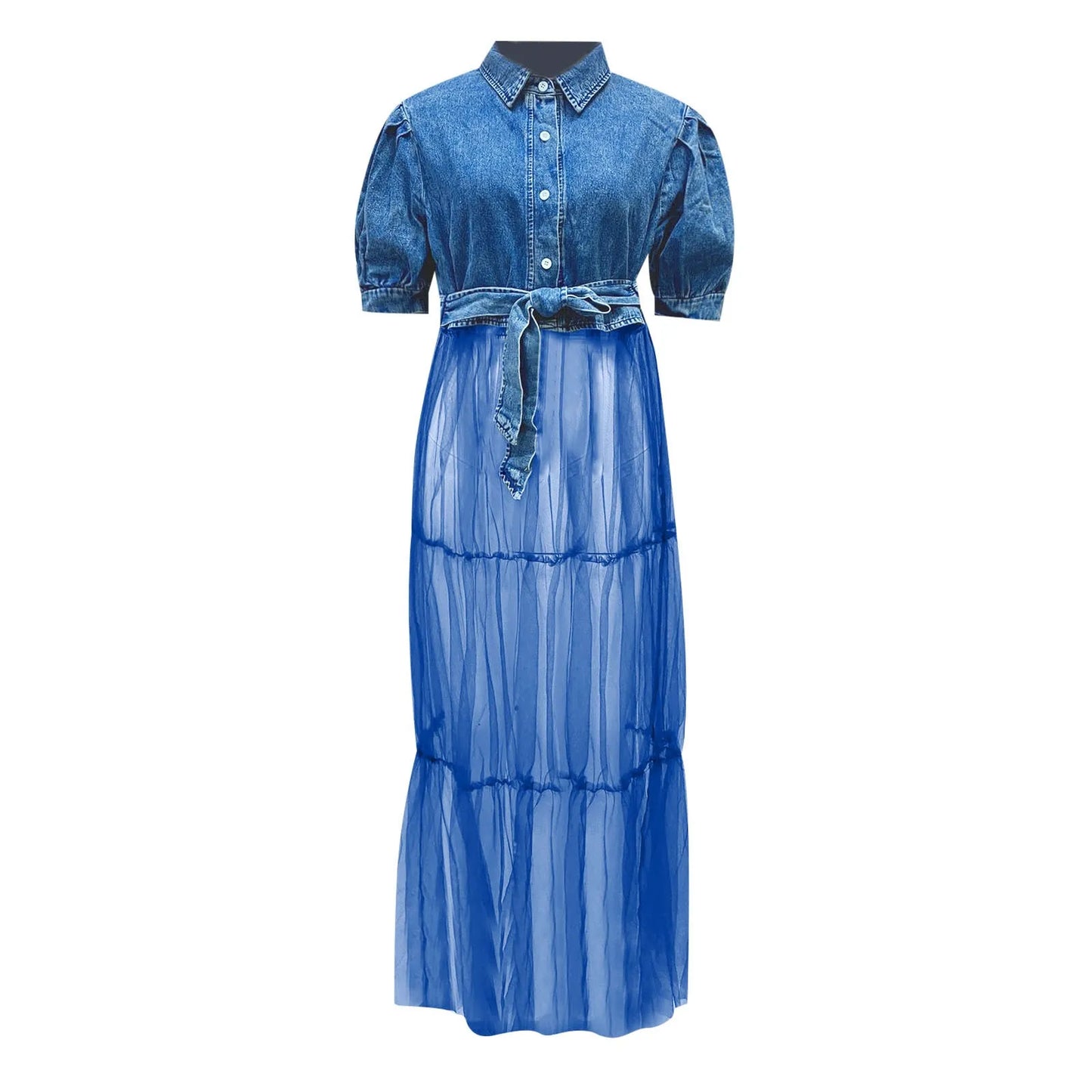 Blue Denim Mesh Patchwork Maxi Dress With Belt Plus Size