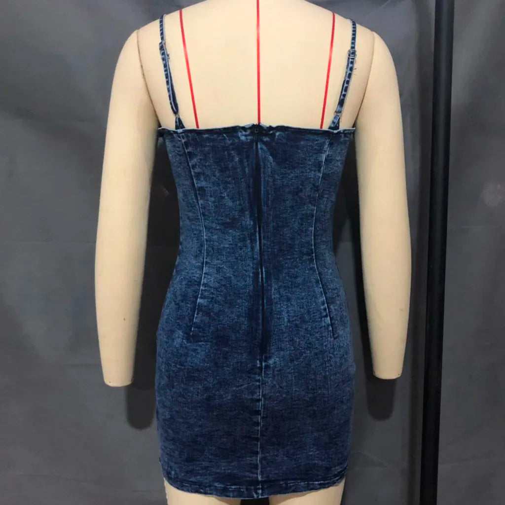 Denim Hip Wrap Sleeveless Sexy Solid Color Bandage Stretch Mini Dresses