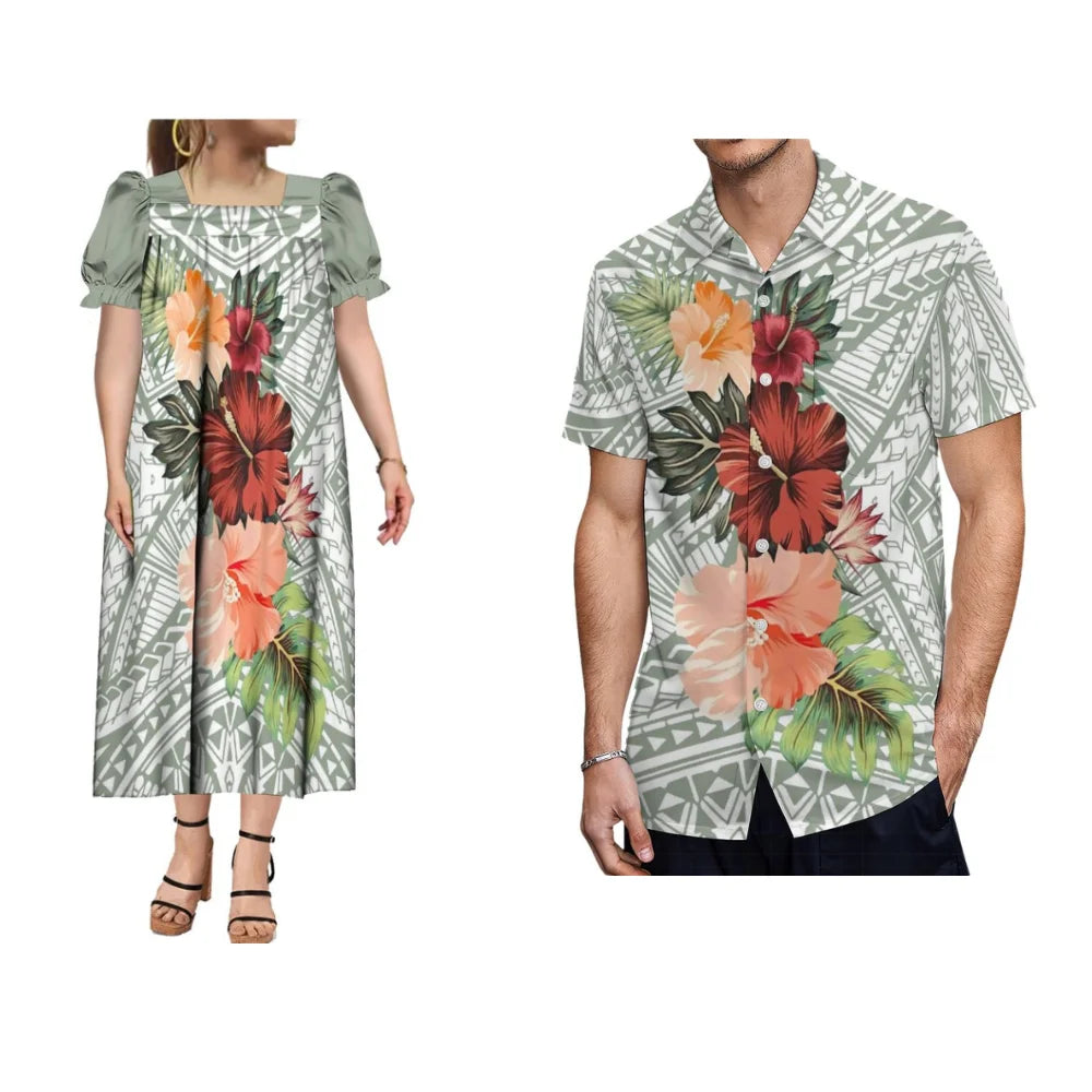 Women's Long Skirt Men's Shirt Summer Short Sleeve Polynesian