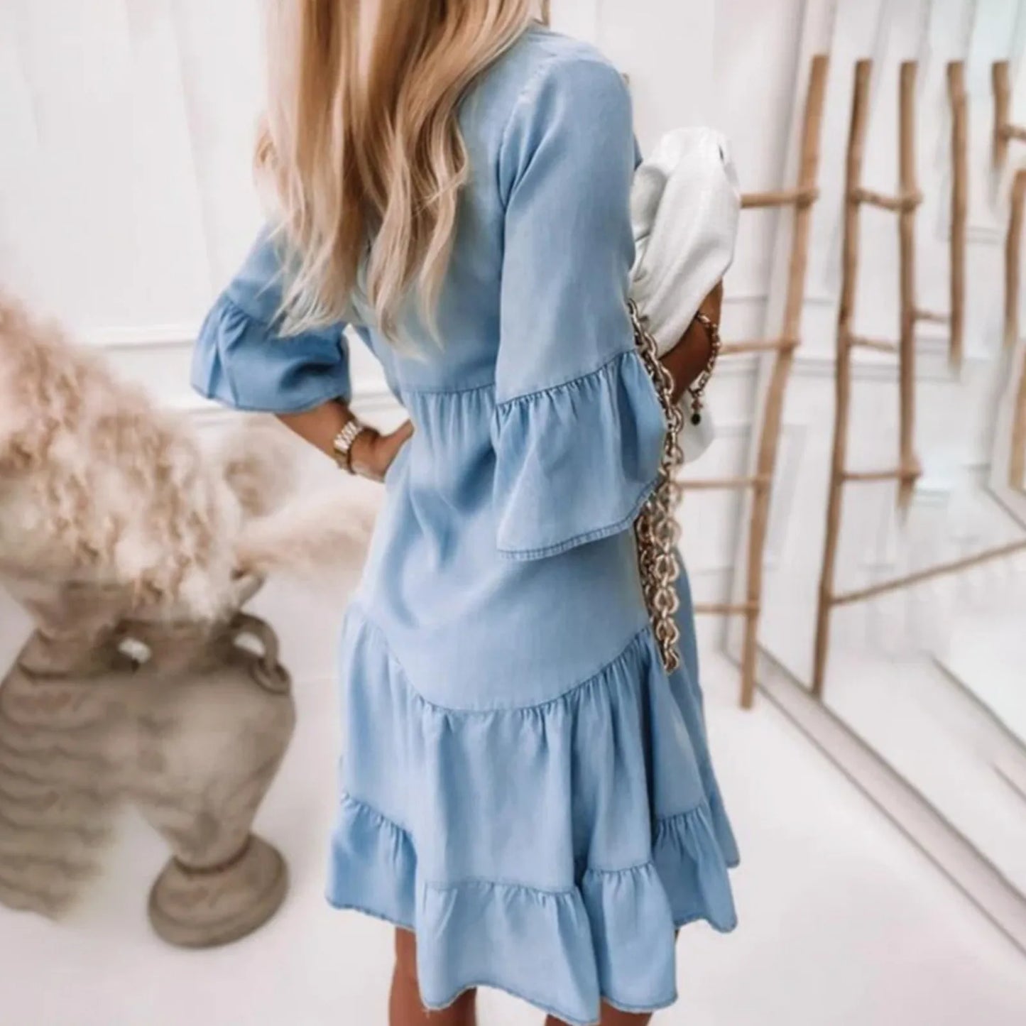 Cotton Denim Women Dresses Solid Color Mid Sleeves