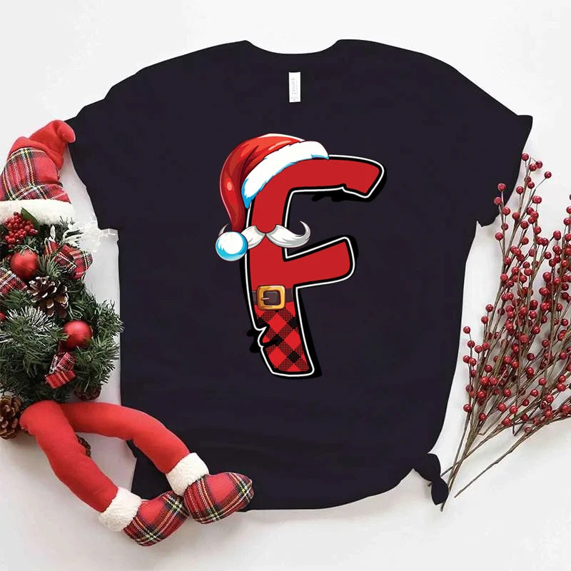 Women Christmas Alphabet Short Sleeve Tee