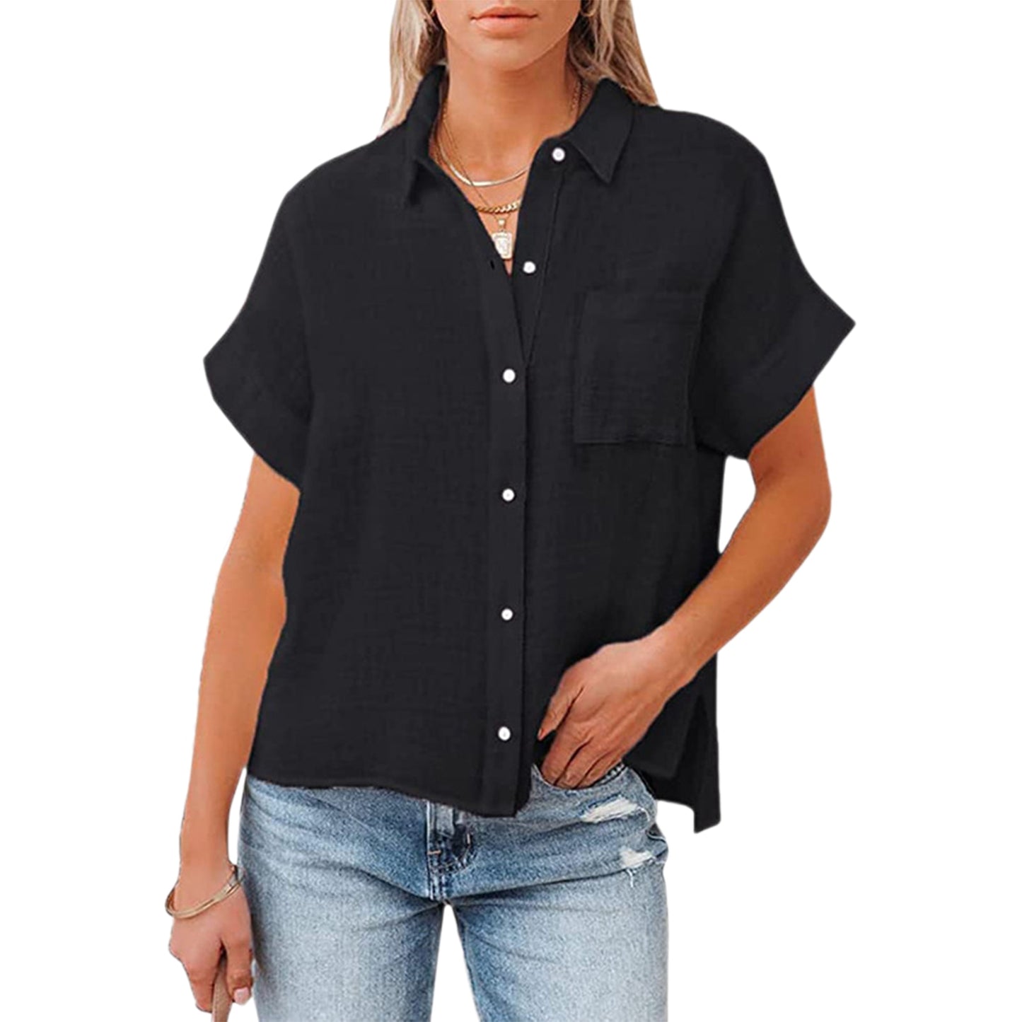 Pocket Solid Color Short Sleeve Blouses Button Down