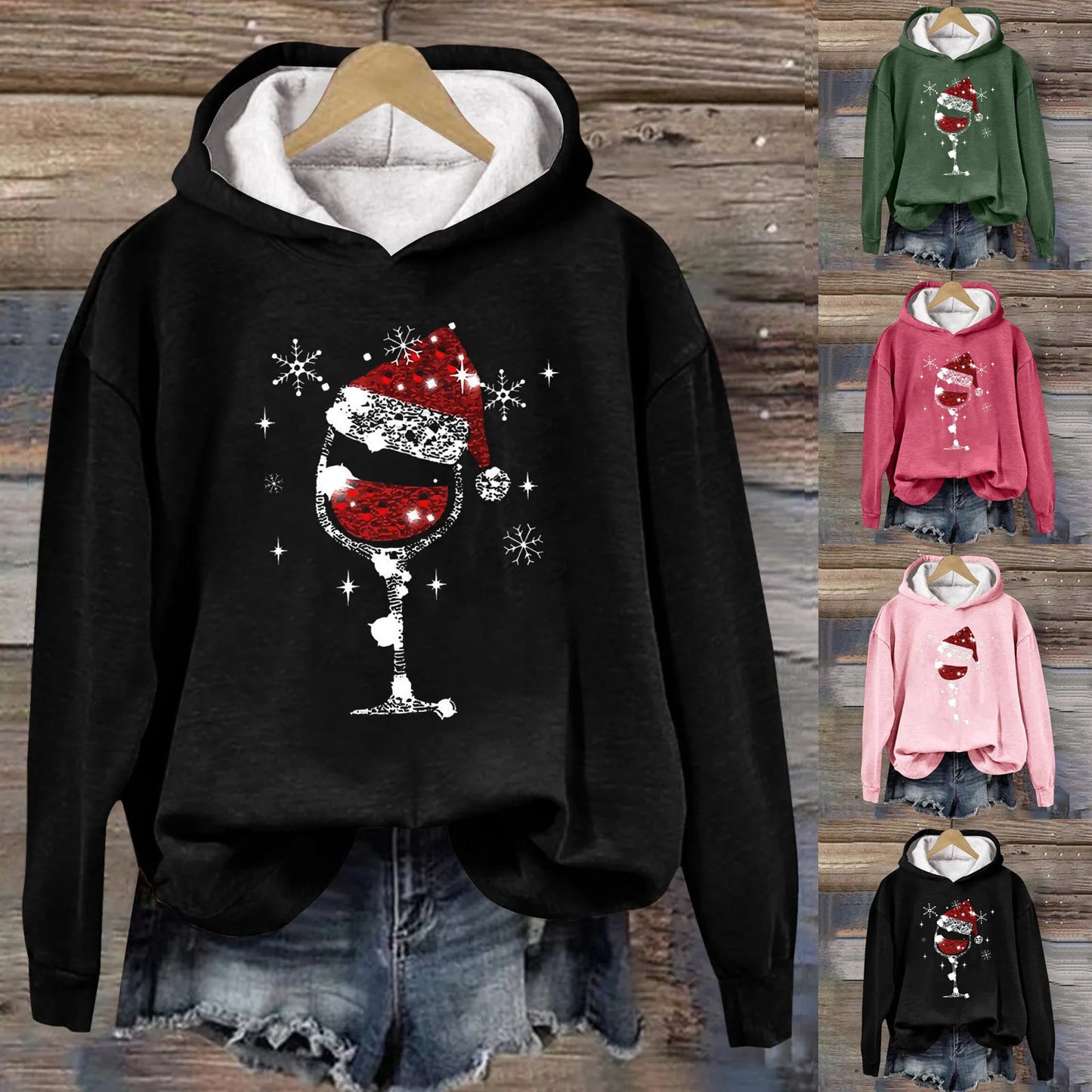 Wine Glasses Christmas Print Hooded Sweatshirt